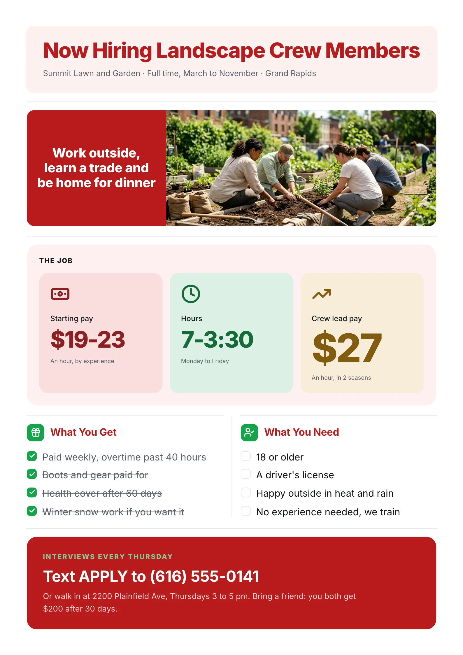 Landscaping hiring flyer with a garden crew photo, pay and hours, benefits, requirements and how to apply