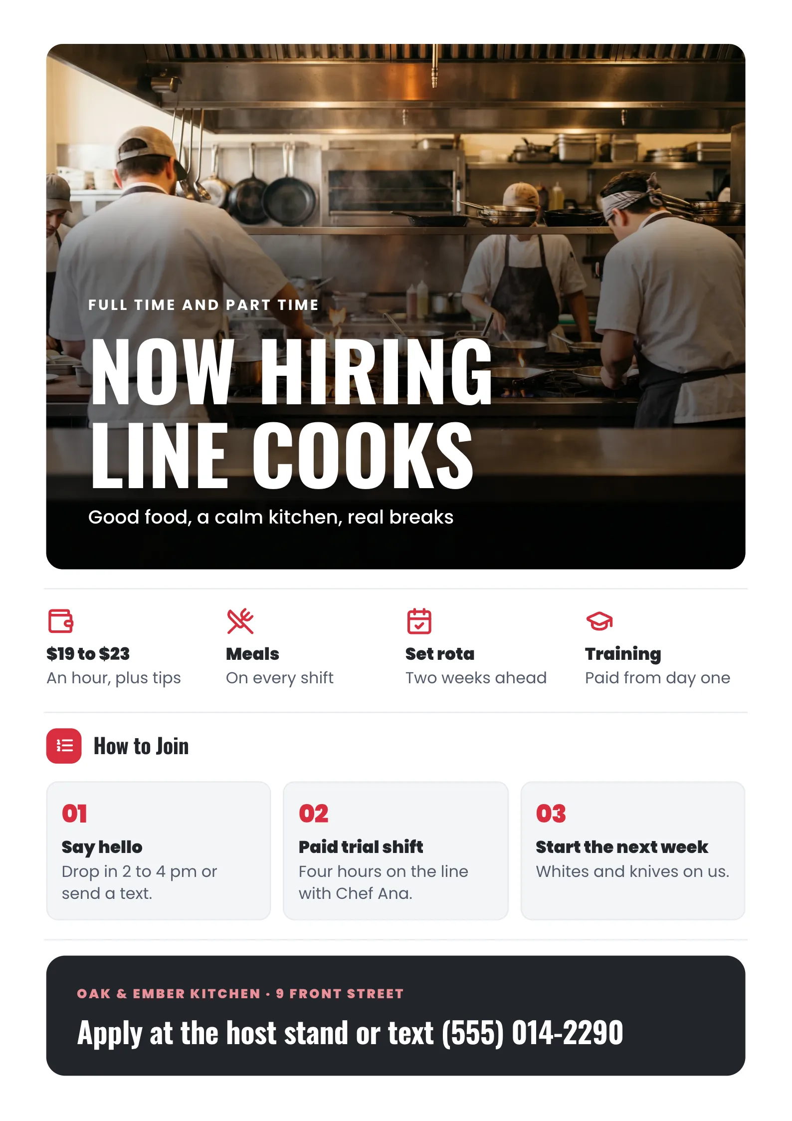 Now hiring flyer with cooks at a stove line, hourly pay and perks, three steps to join and an apply band