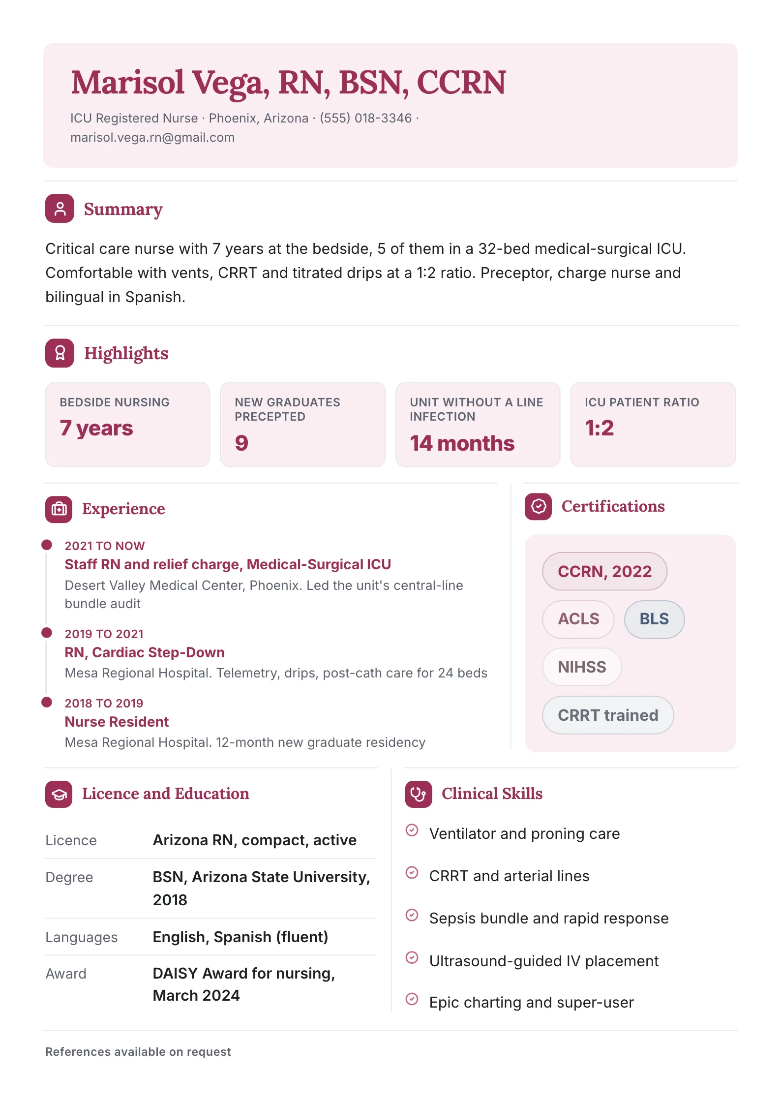 One page nurse resume template for an ICU registered nurse with a summary, highlights in numbers, a timeline of experience, certifications, license and education and clinical skills