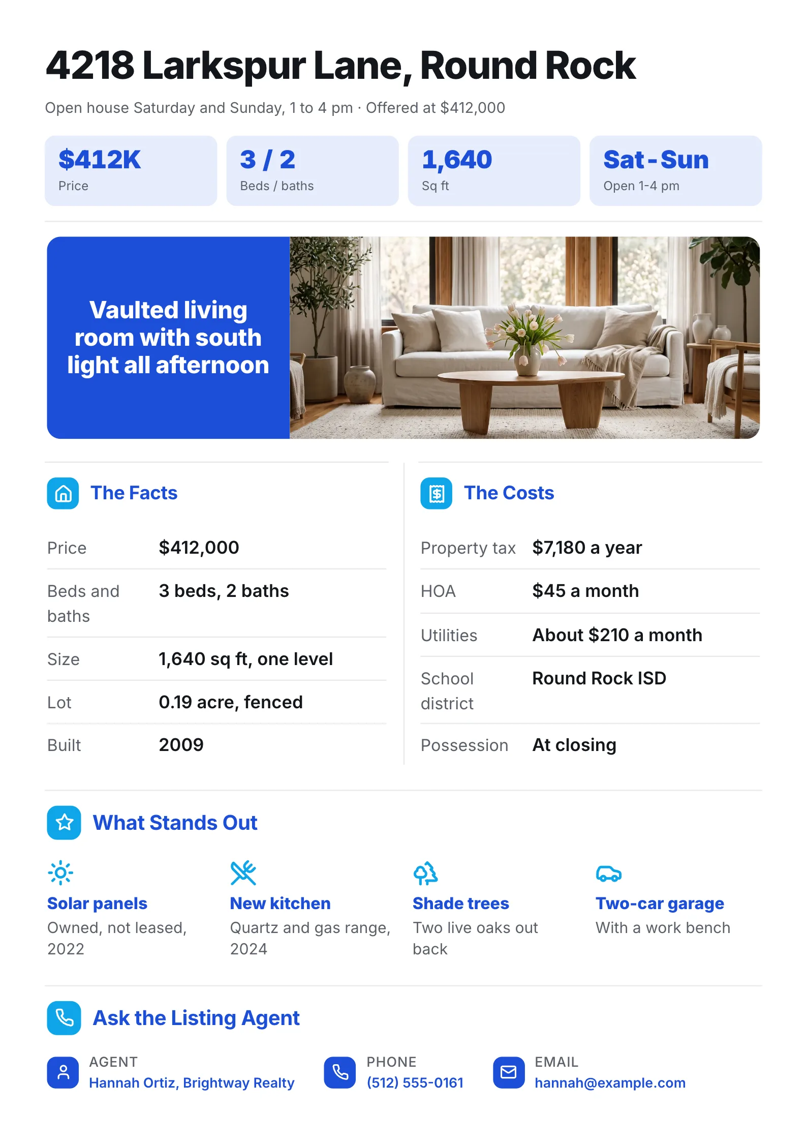 Property fact sheet for an open house with price, beds and baths in the header, a living room photo and costs