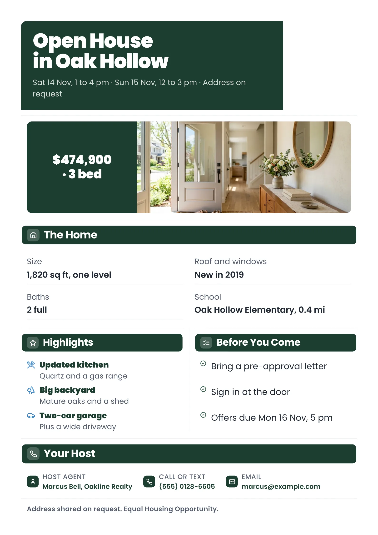 Open house flyer with staged home photo, price panel, home facts, highlights and agent contact