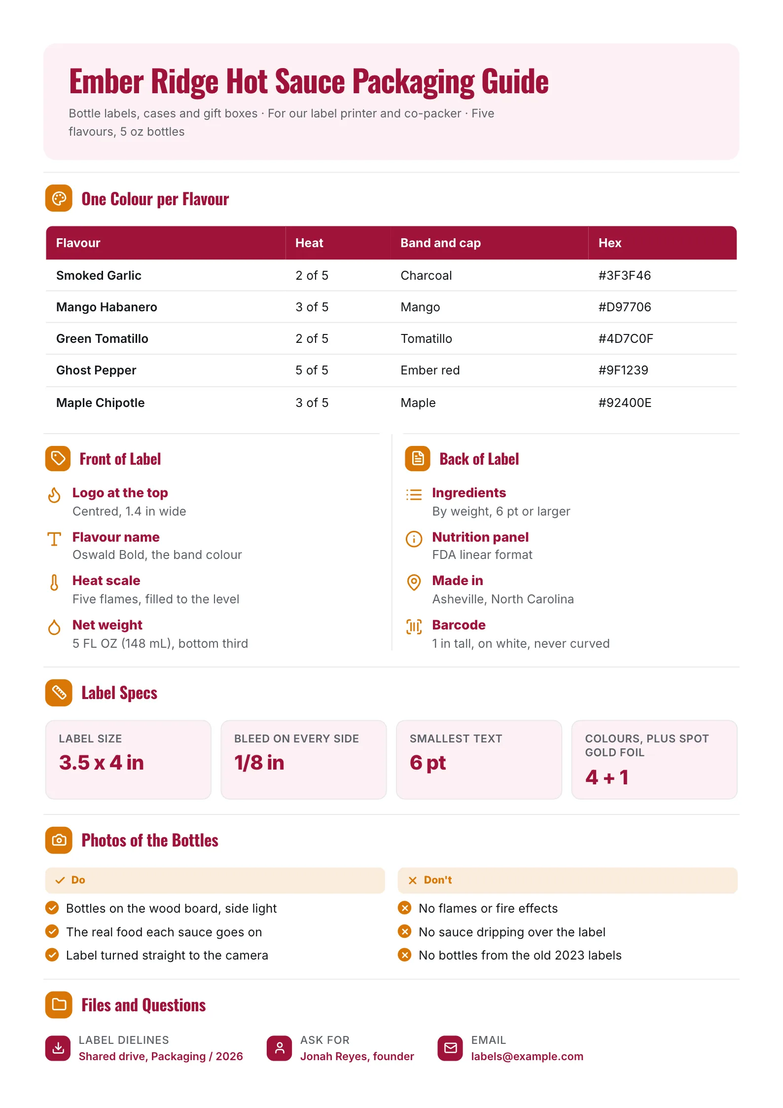 Packaging brand guide One-Pager for a hot sauce line with flavour colours, label layout and label specs