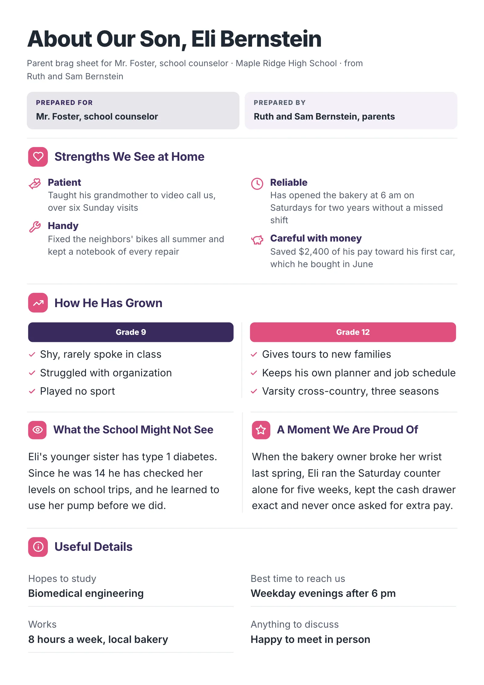 Parent brag sheet for a school counselor with strengths at home, growth from grade 9 to 12 and family context