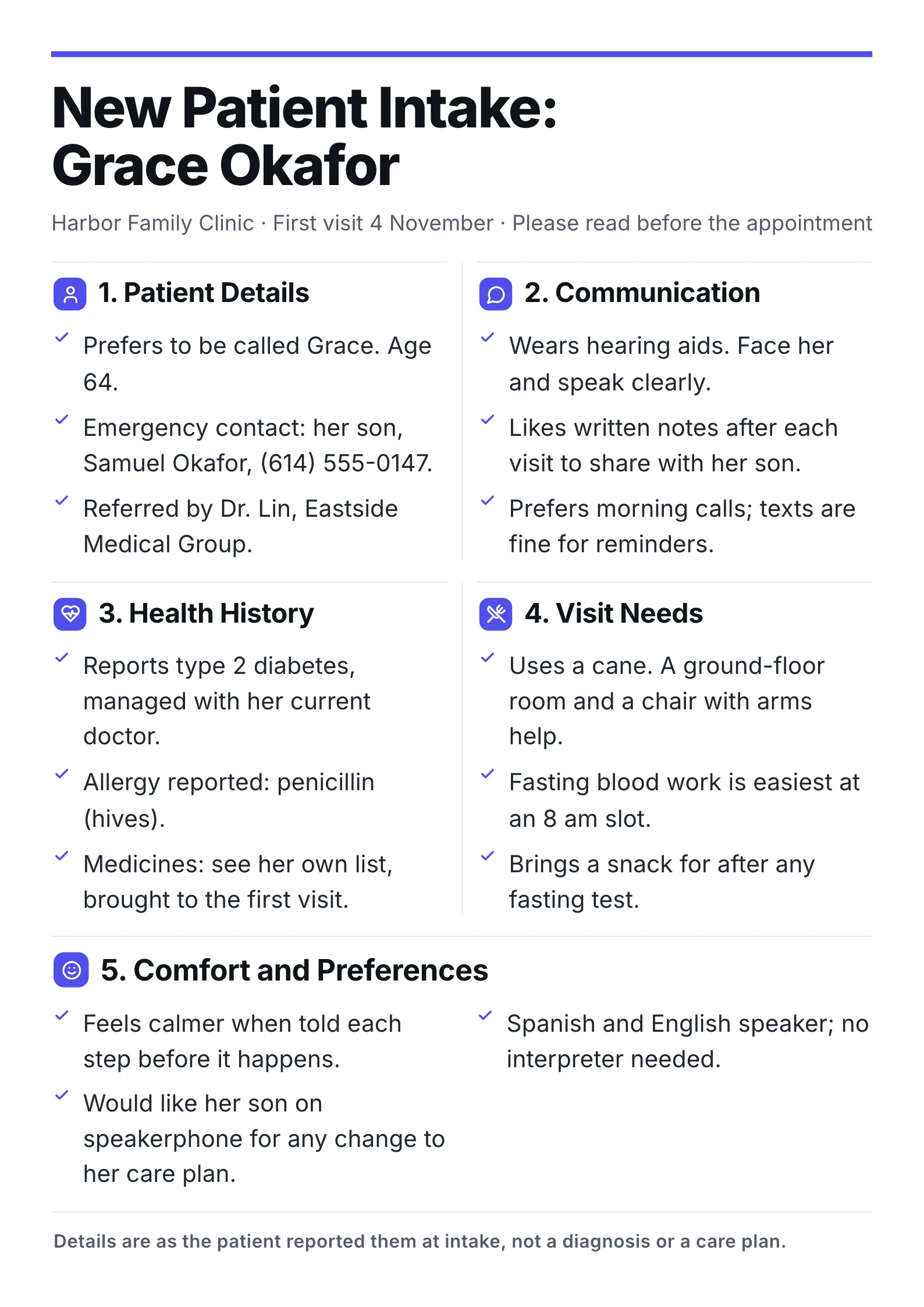 Patient intake summary for a sample new clinic patient with contact details, communication needs, history, daily care and comfort notes