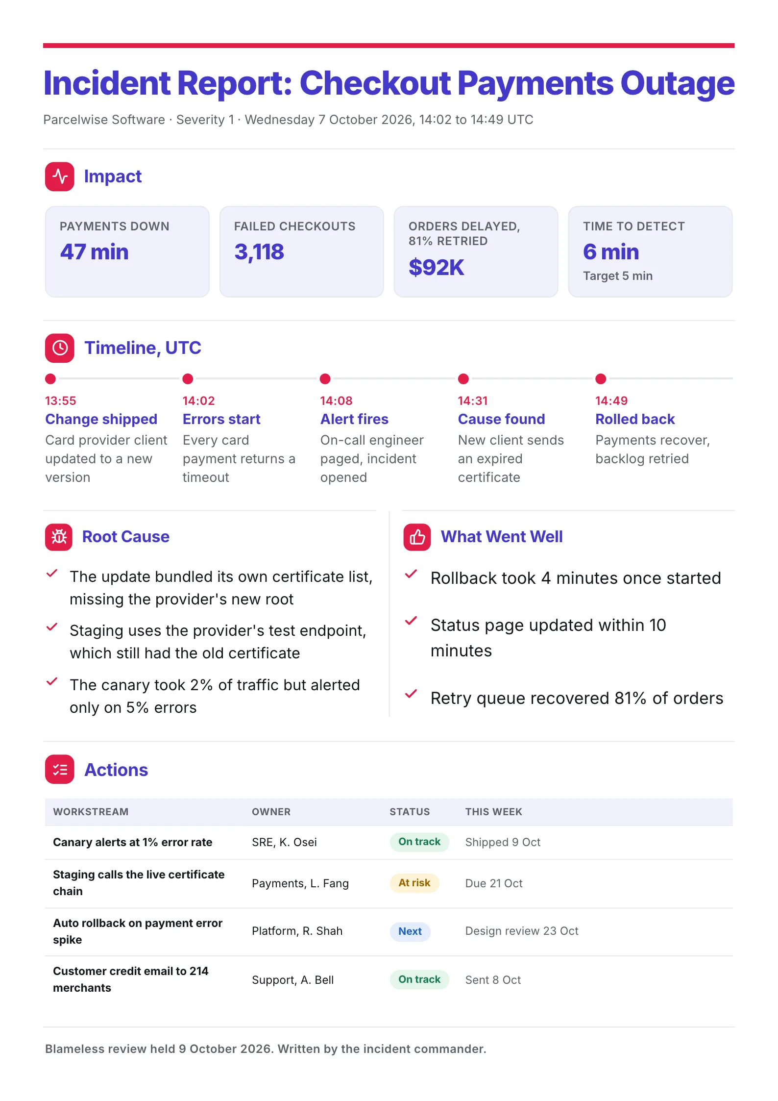 Checkout payments outage incident report One-Pager with impact, UTC timeline and root cause