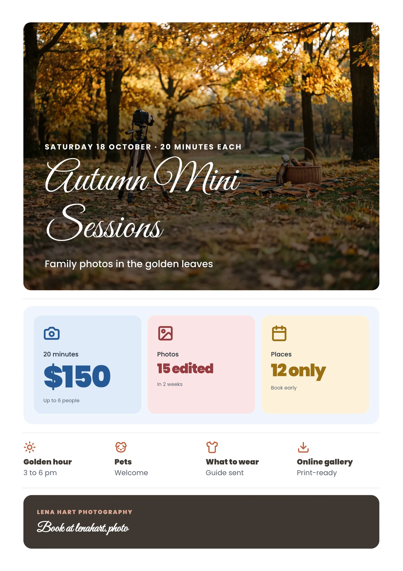 Photography Flyer with a camera on a tripod in an autumn park with golden leaves, a blanket and a basket set out