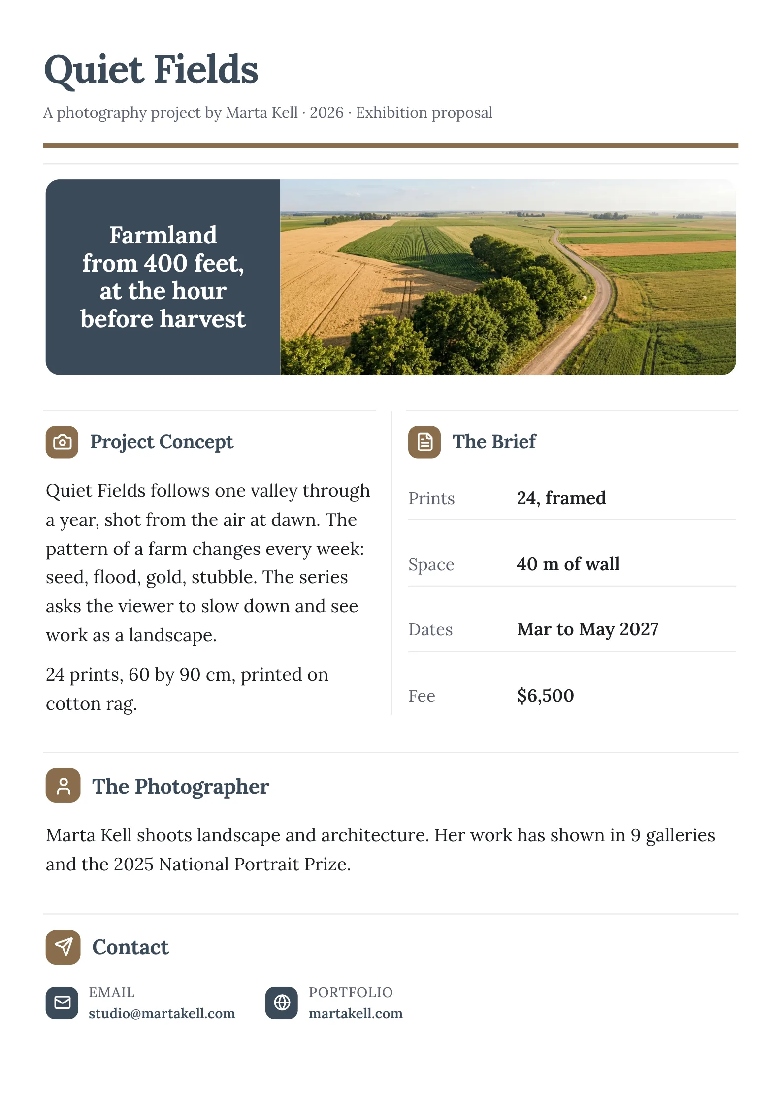 Photography project proposal One-Pager template for an exhibition with a large lead image, the project concept, the brief at a glance, the photographer's bio and contact
