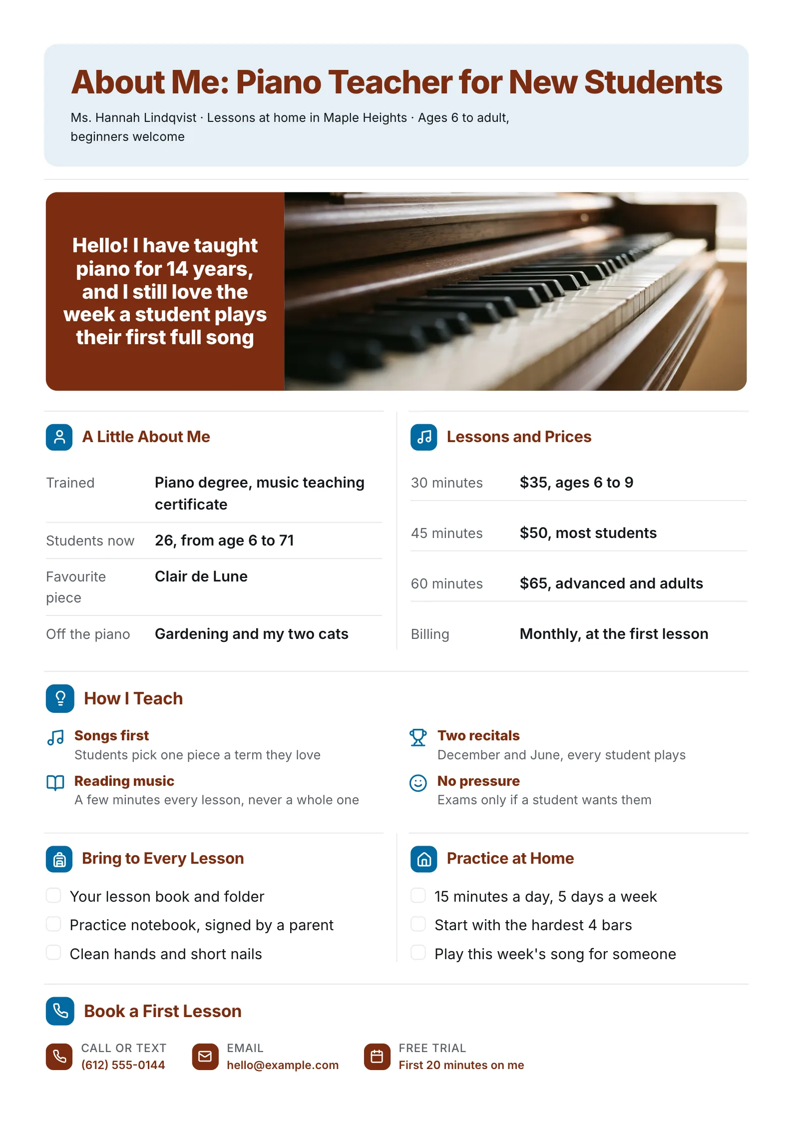 Piano teacher about me One-Pager with a photo, lesson prices, teaching style and practice checklists