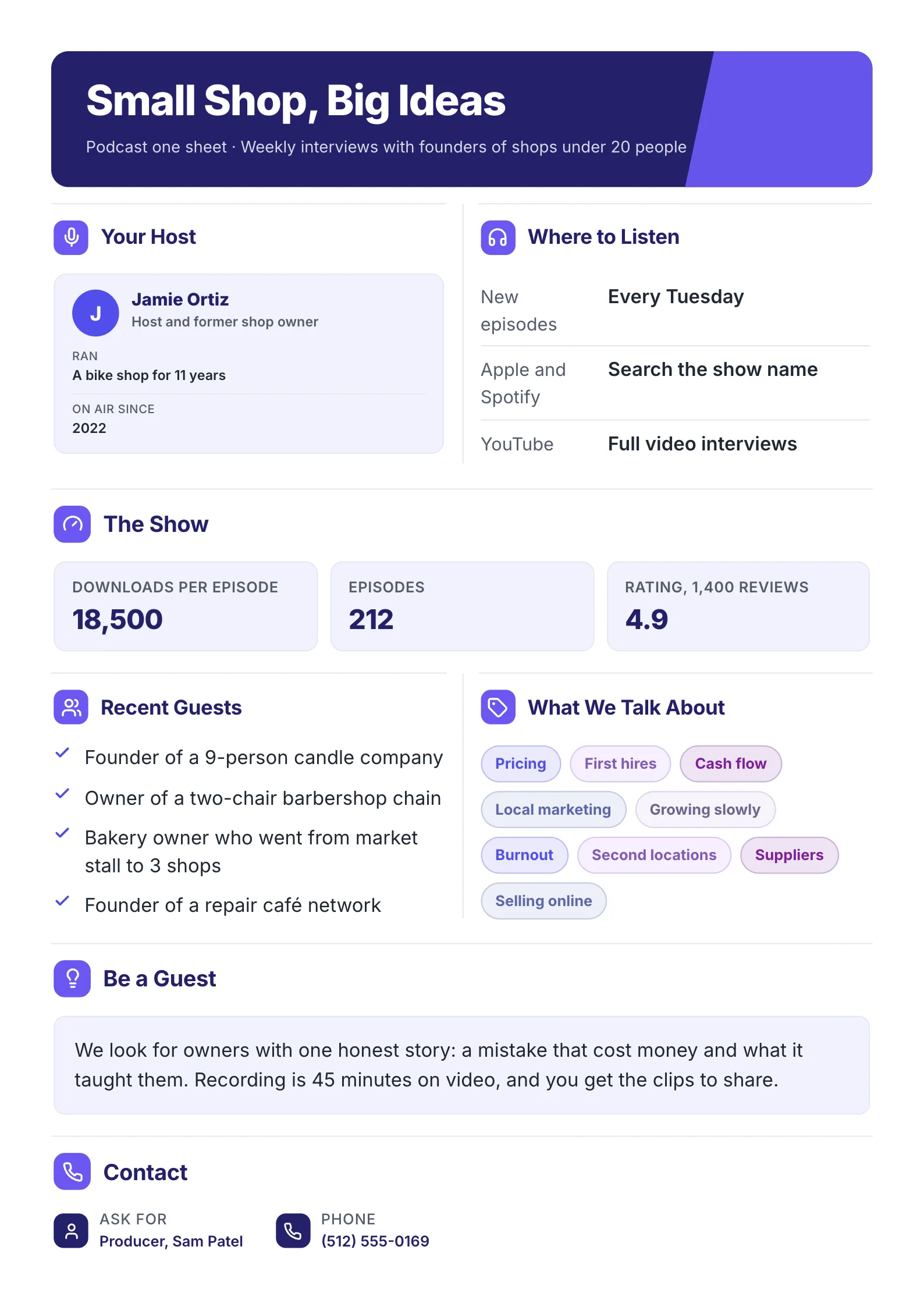 Podcast one sheet One-Pager template with the host, the show and its numbers, the topics and how to be a guest