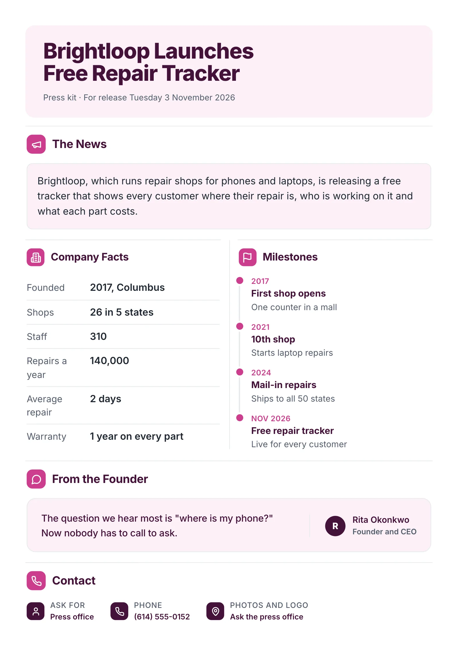 Press kit One-Pager template with the news, company facts, milestones and a quote from the founder