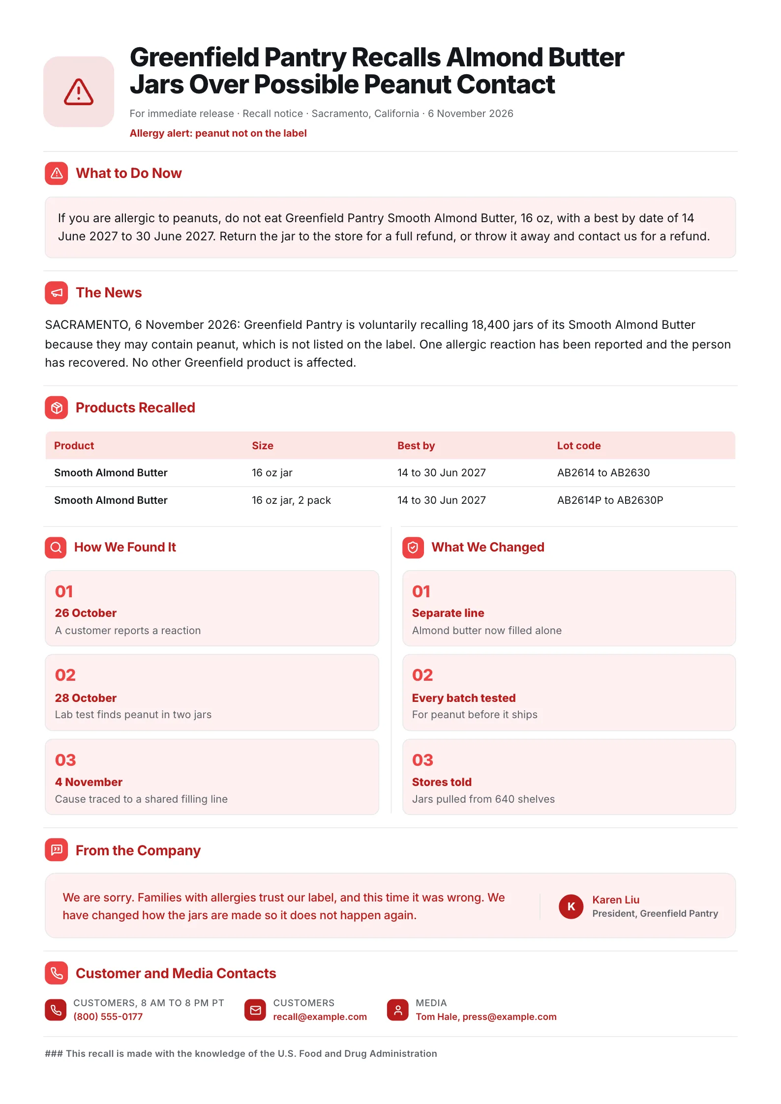 Product recall press release One-Pager with an allergy alert, recalled products table and customer steps
