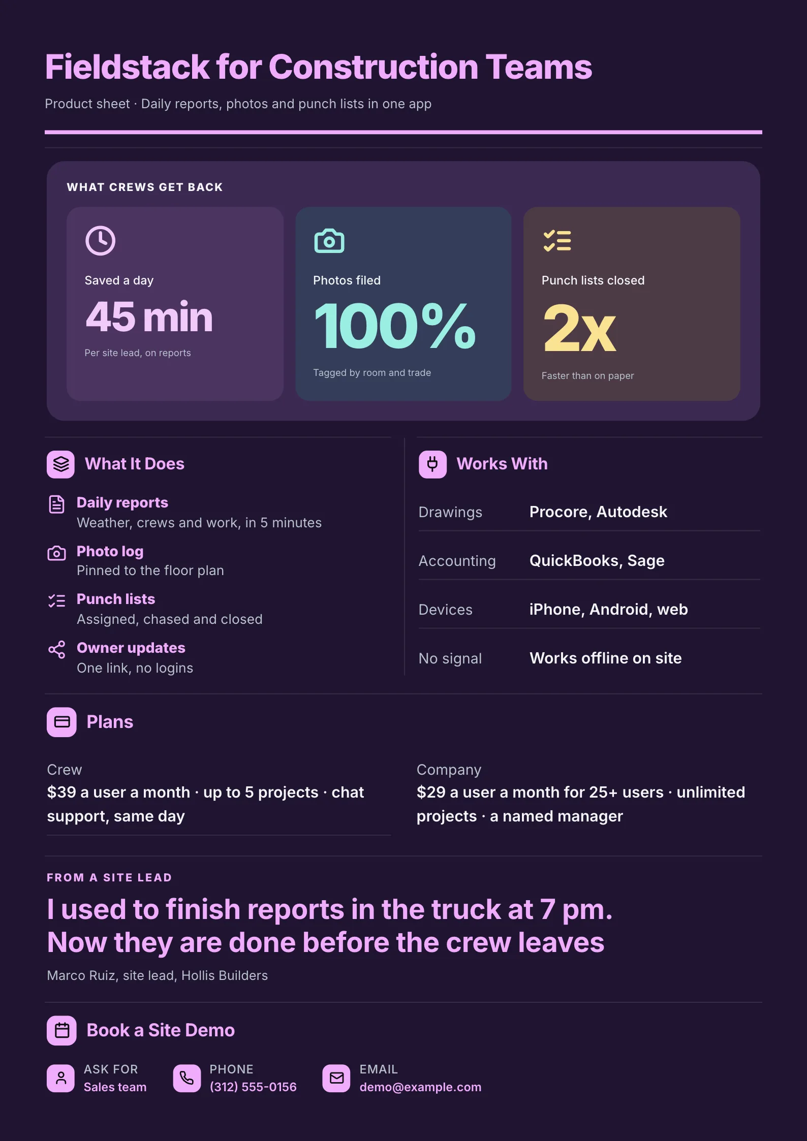 Product sheet One-Pager template on a dark page with what users get back, what the product does, plans and a customer quote