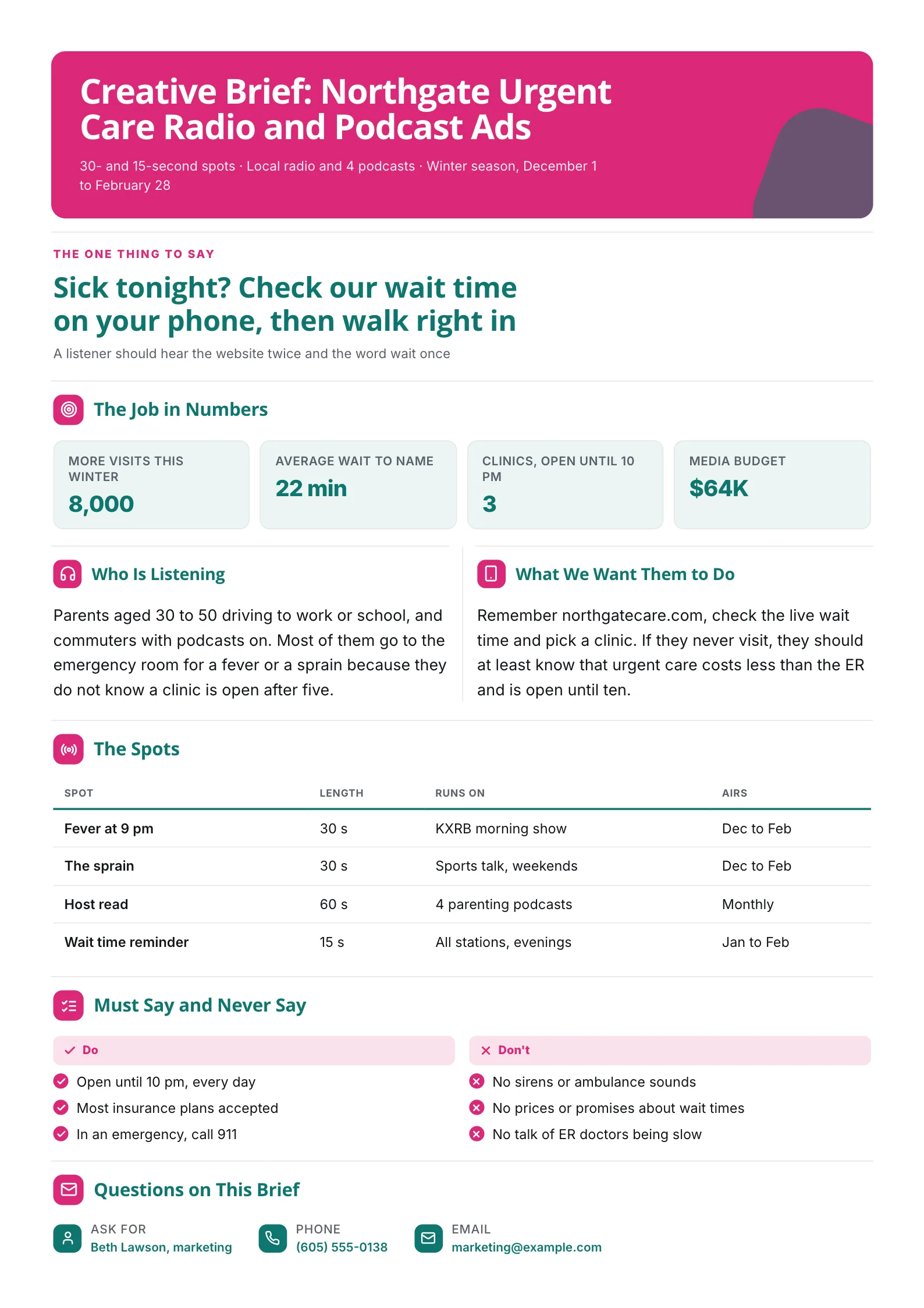 Radio and podcast ad brief One-Pager with campaign numbers, a spots table and must say and never say lists