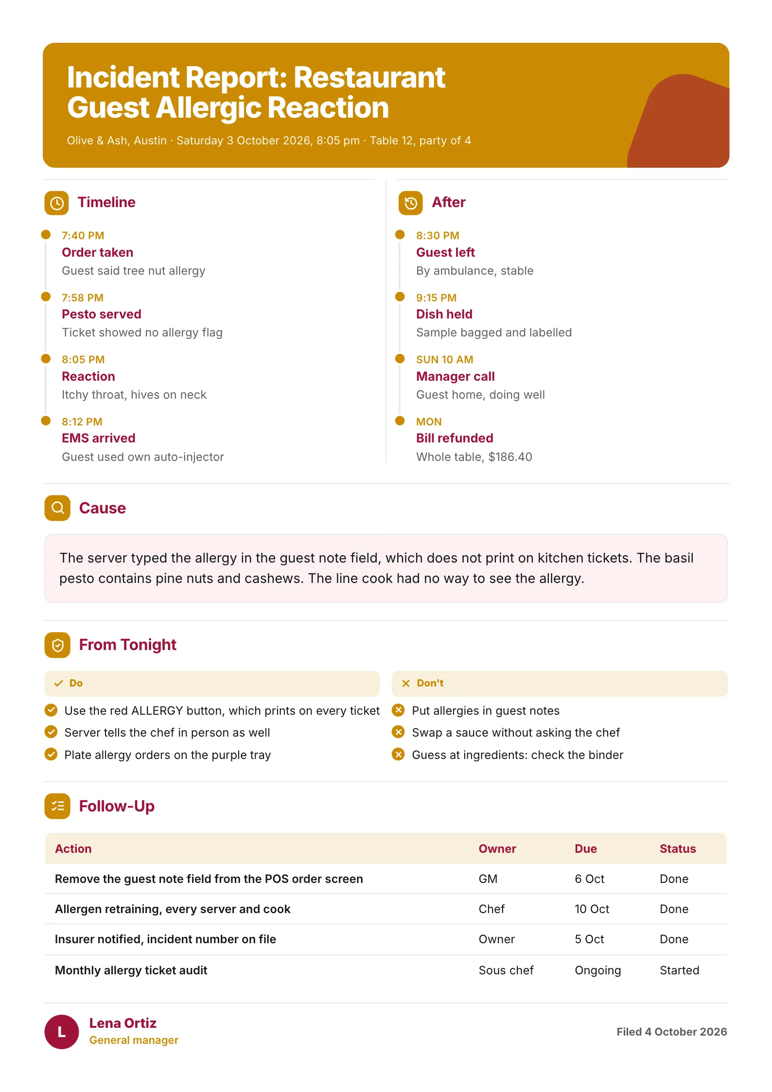Restaurant guest allergic reaction incident report One-Pager with timeline, cause and new kitchen rules