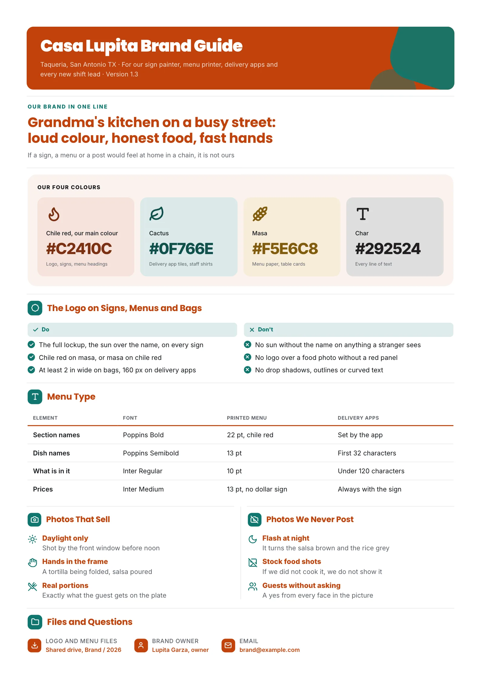 Restaurant brand guide One-Pager with four colour swatches, logo rules for signs and menus, menu type sizes