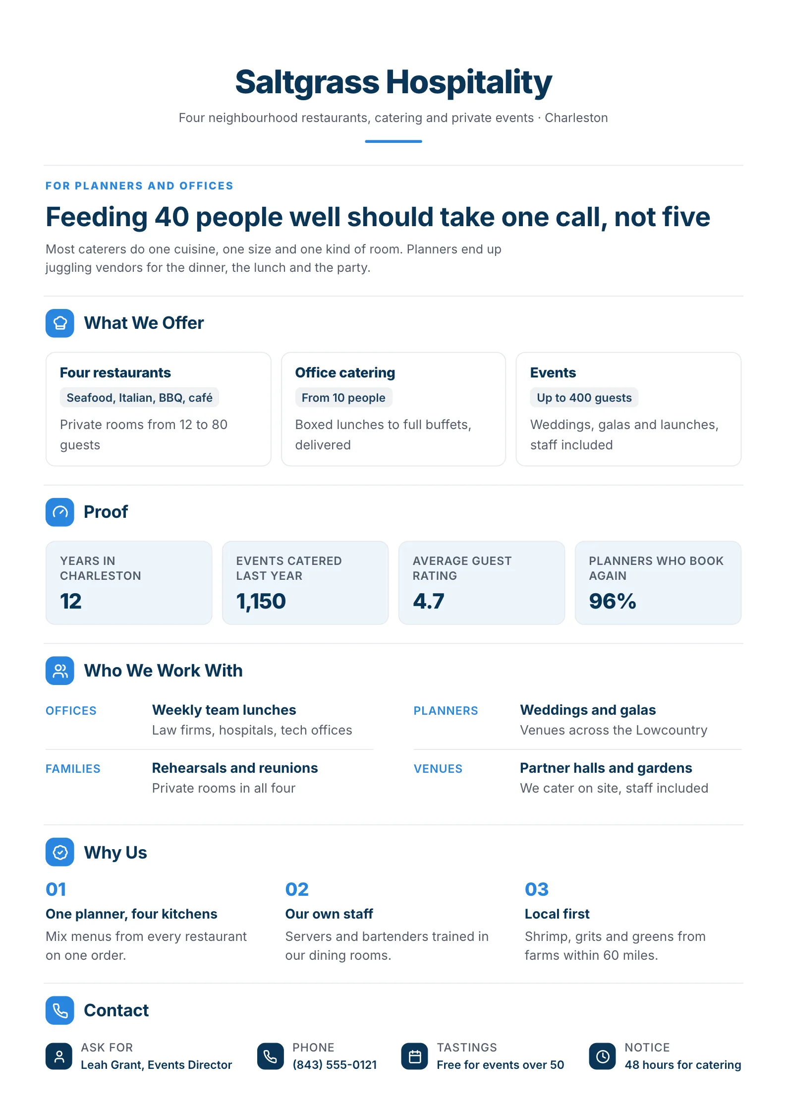Restaurant group profile One-Pager template with the restaurants, catering and private events, proof in numbers, the clients it serves and why planners book it