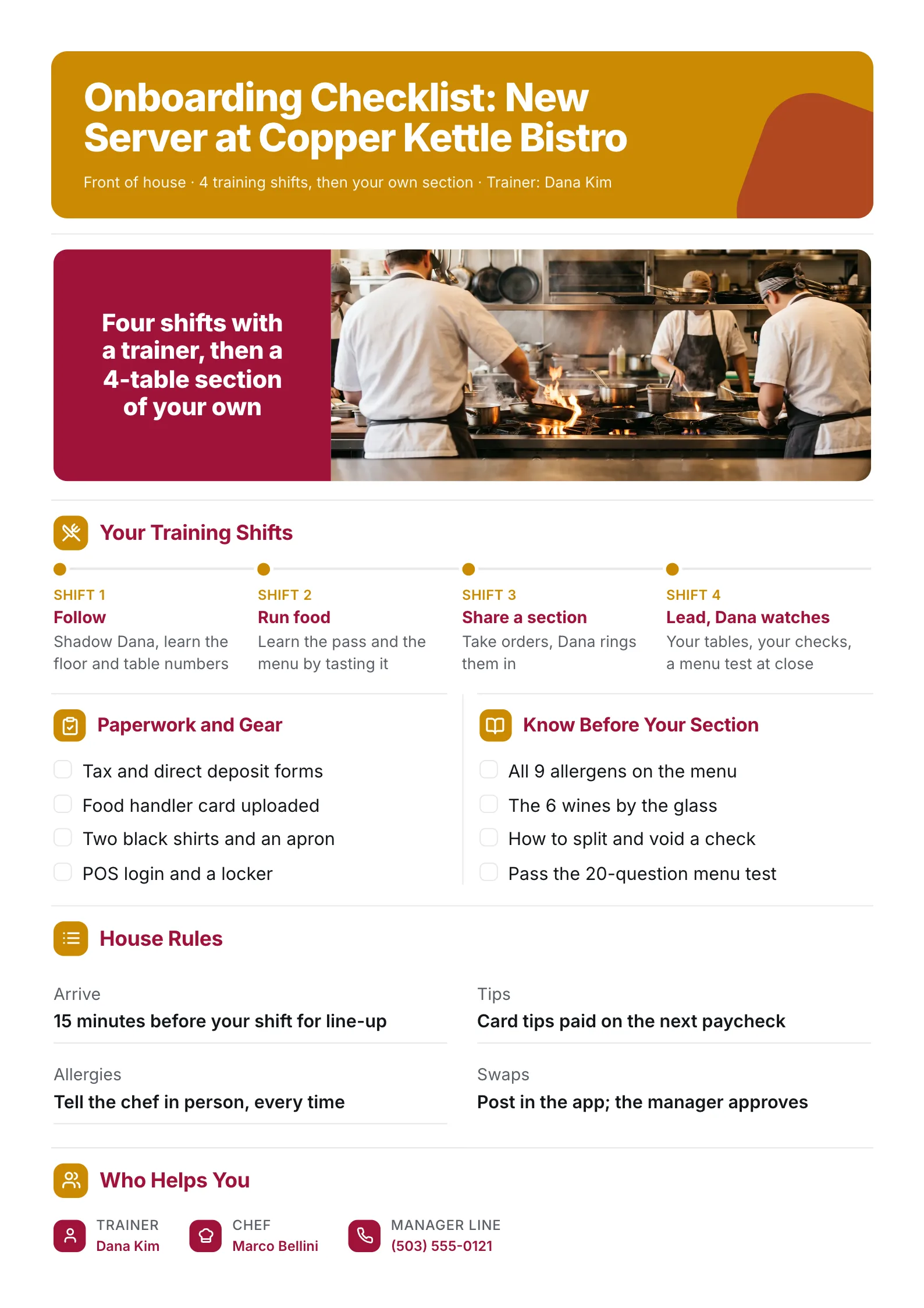 Restaurant server onboarding checklist One-Pager with training shifts, menu test and house rules