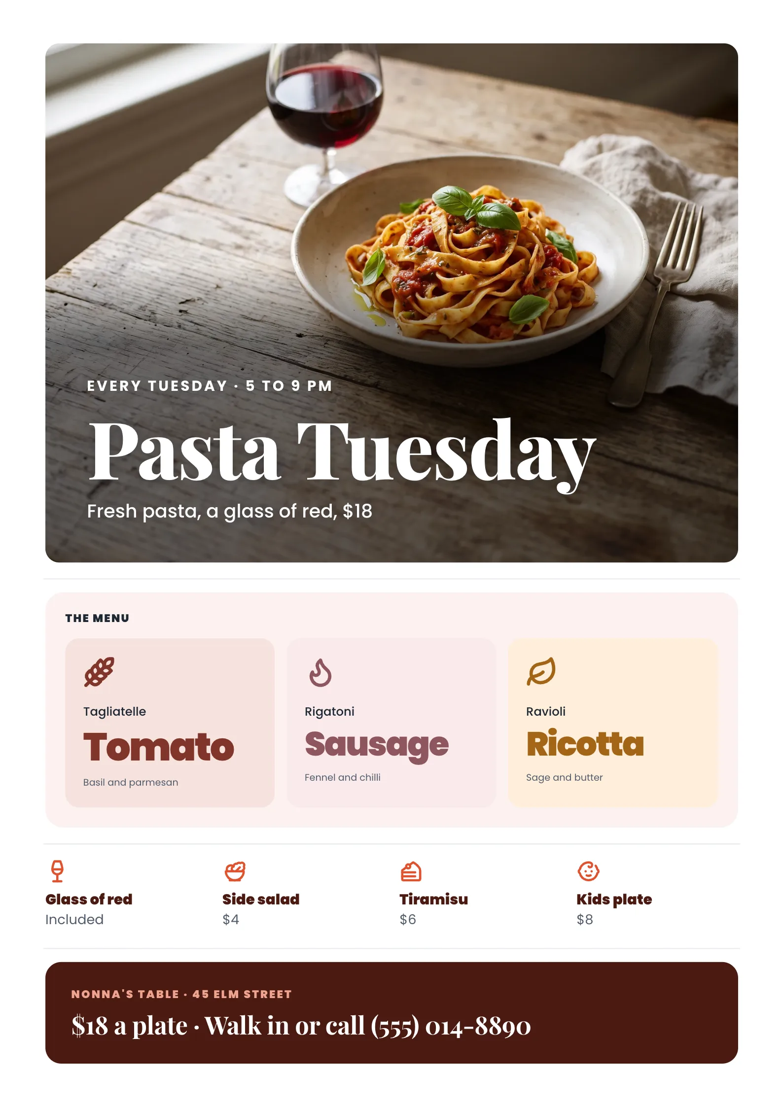 Restaurant Special Flyer with a plate of fresh tagliatelle with tomato and basil beside a glass of red wine