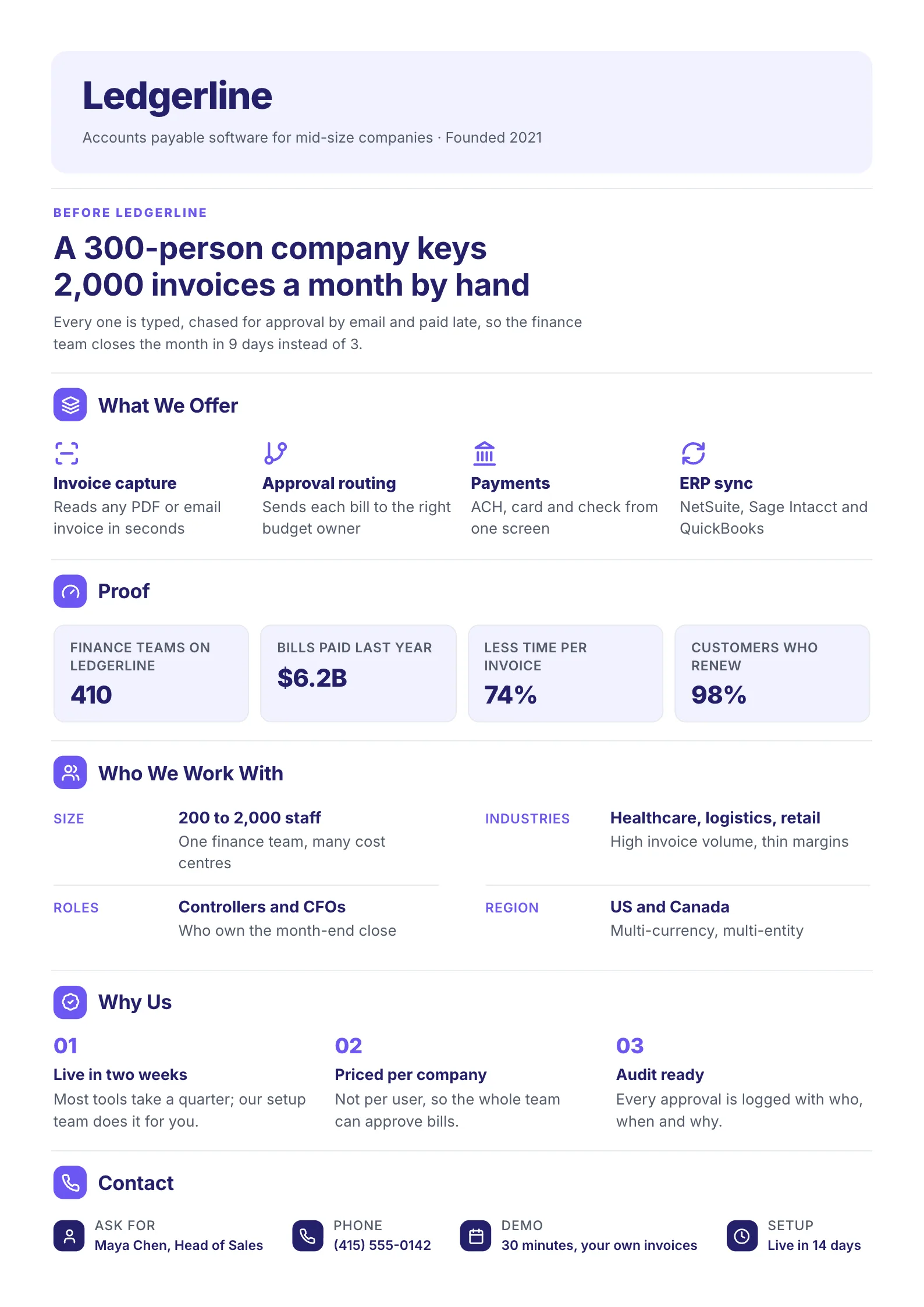 Software company profile One-Pager template with the problem it solves, the product, proof in numbers, the customers it works with and why buyers pick it
