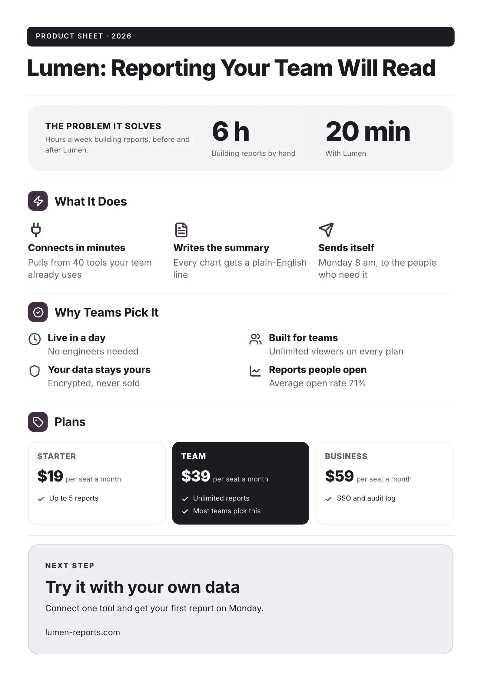 SaaS product One-Pager template with the problem in one number, what the software does, why teams pick it and three pricing plans