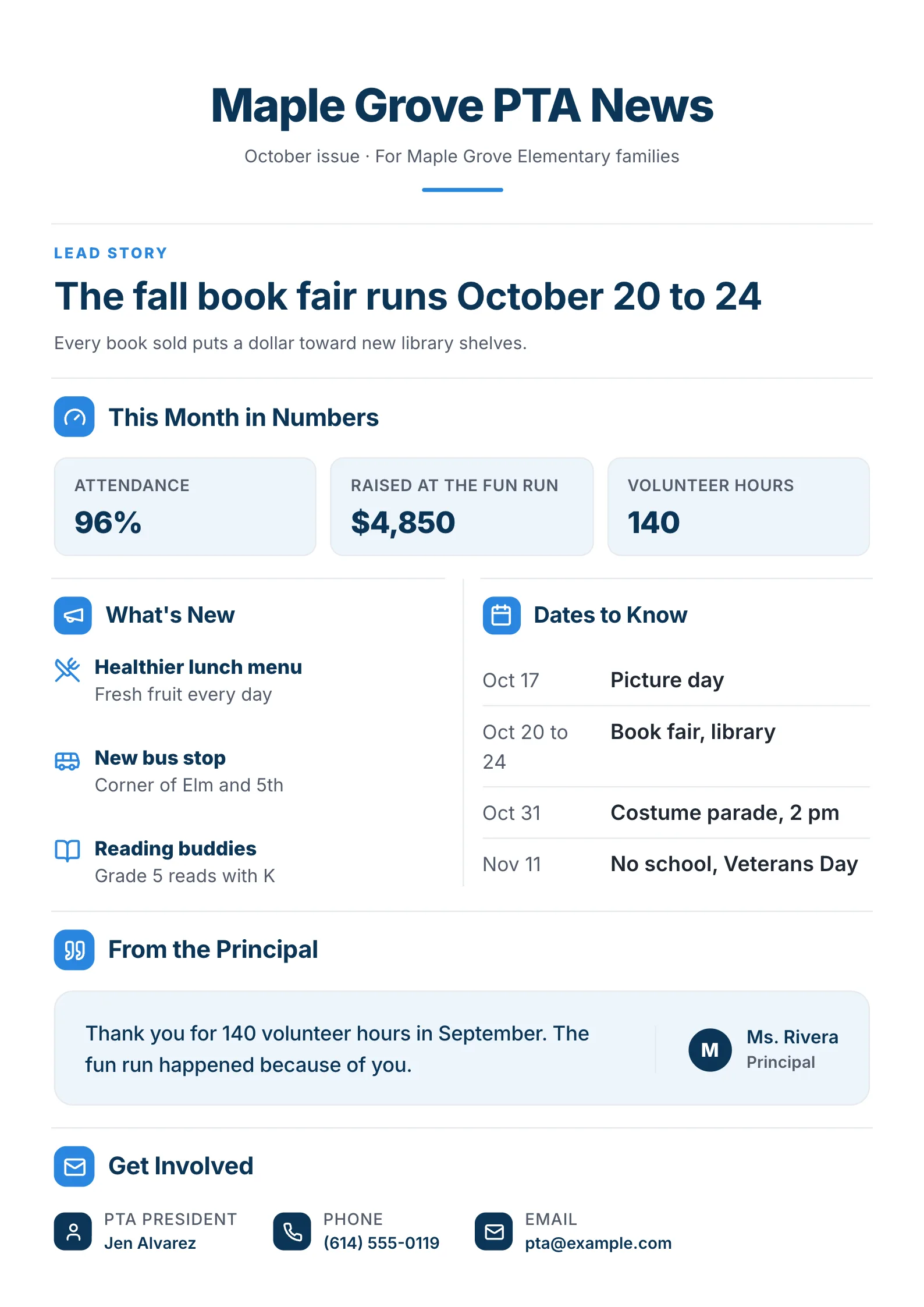 School PTA newsletter One-Pager template with the big event, the month in numbers, what's new, dates to know, a note from the principal and how to get involved