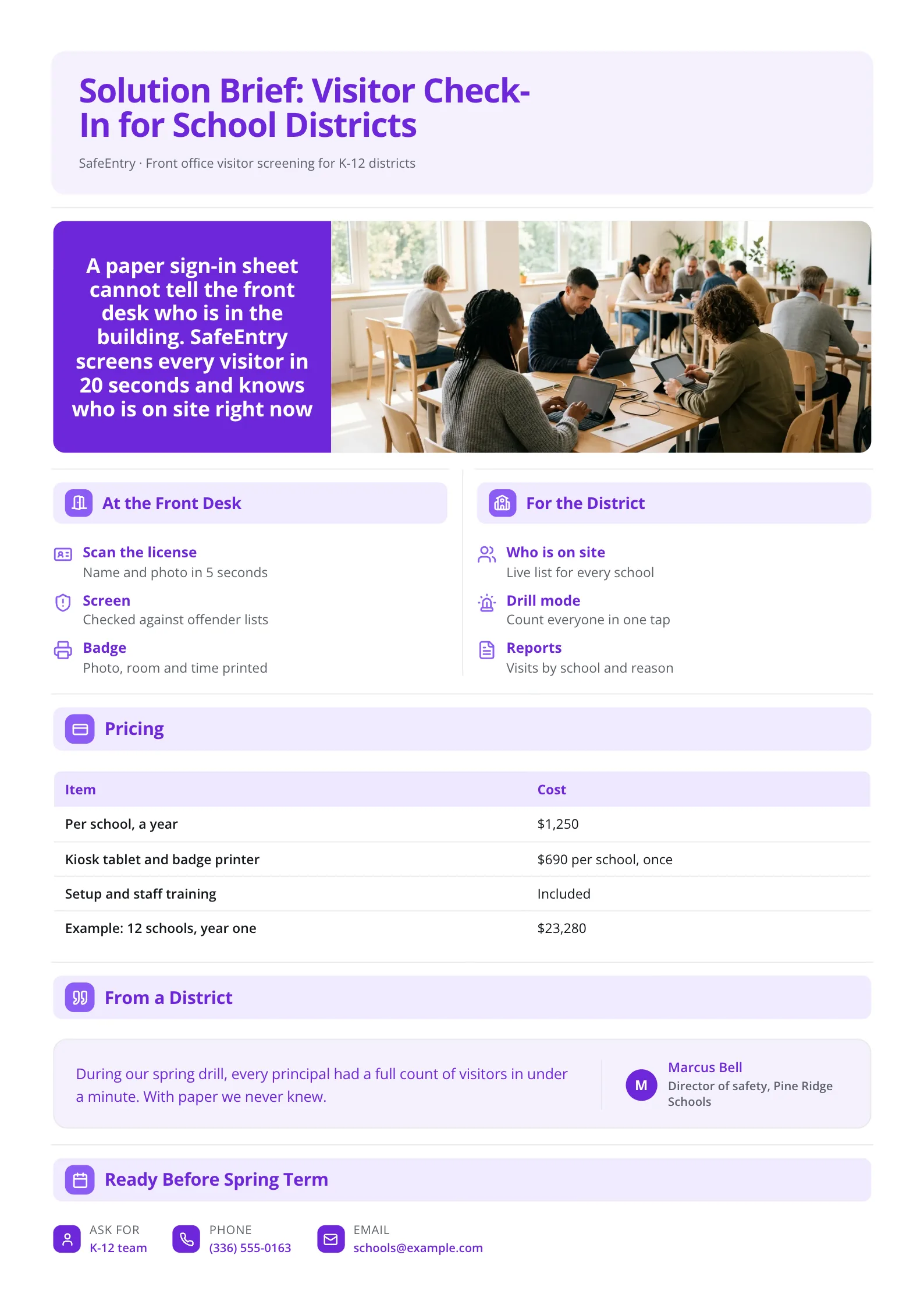 Solution brief One-Pager for school visitor check-in with a classroom photo and a per-school pricing table