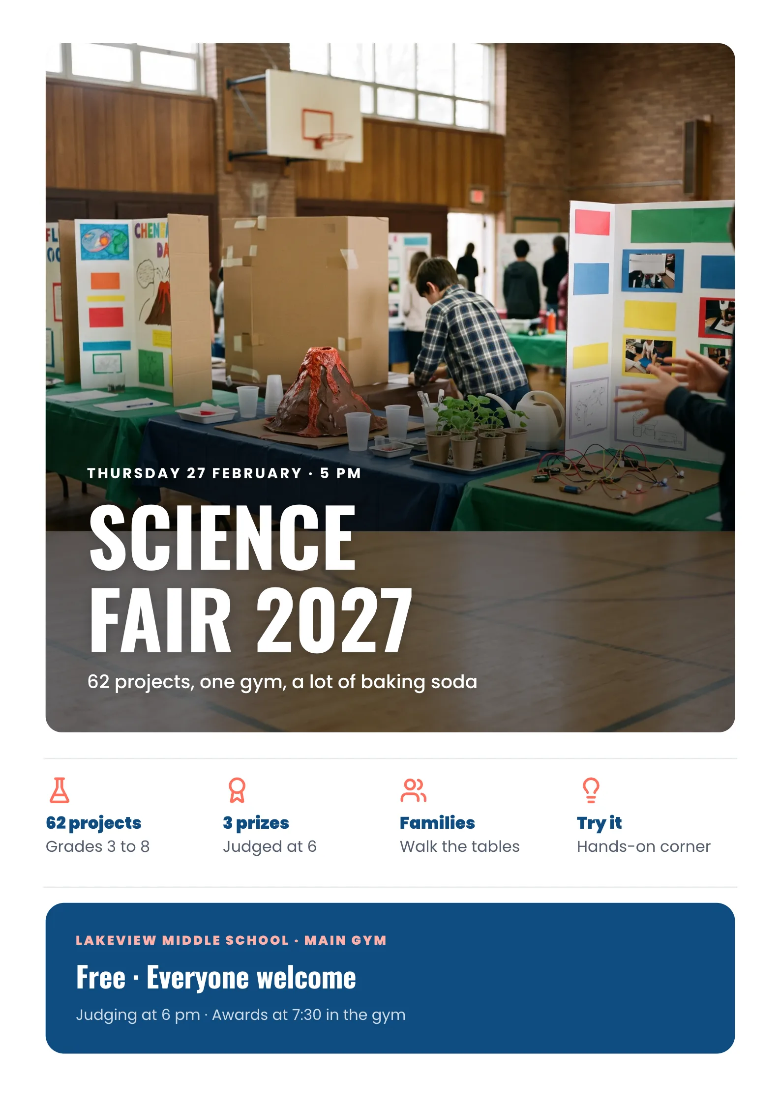 Science Fair Poster with school science fair tables with handmade projects, a baking soda volcano and plant experiments