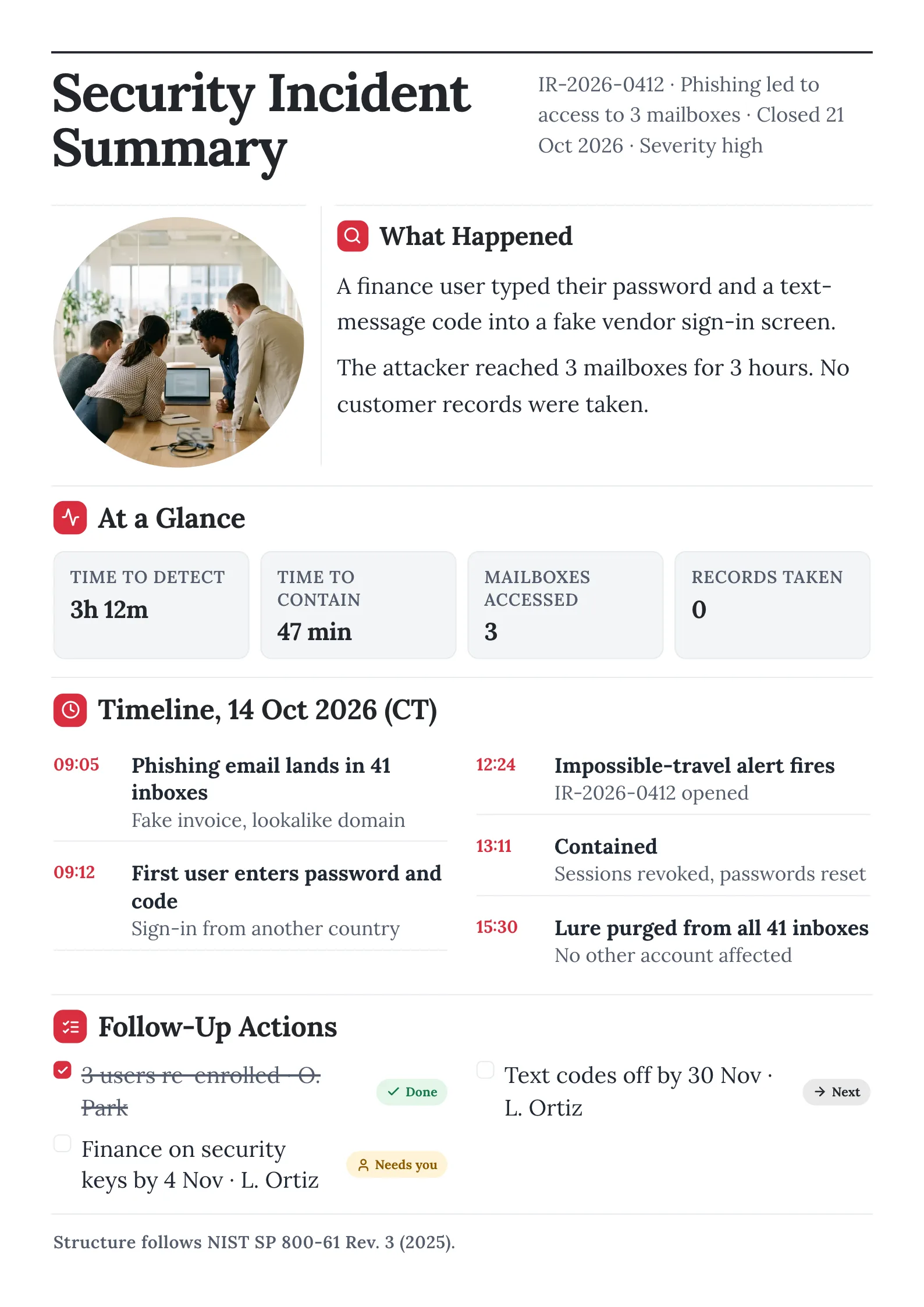 Security incident summary One-Pager with a round team photo, response times, a timeline and follow-up actions