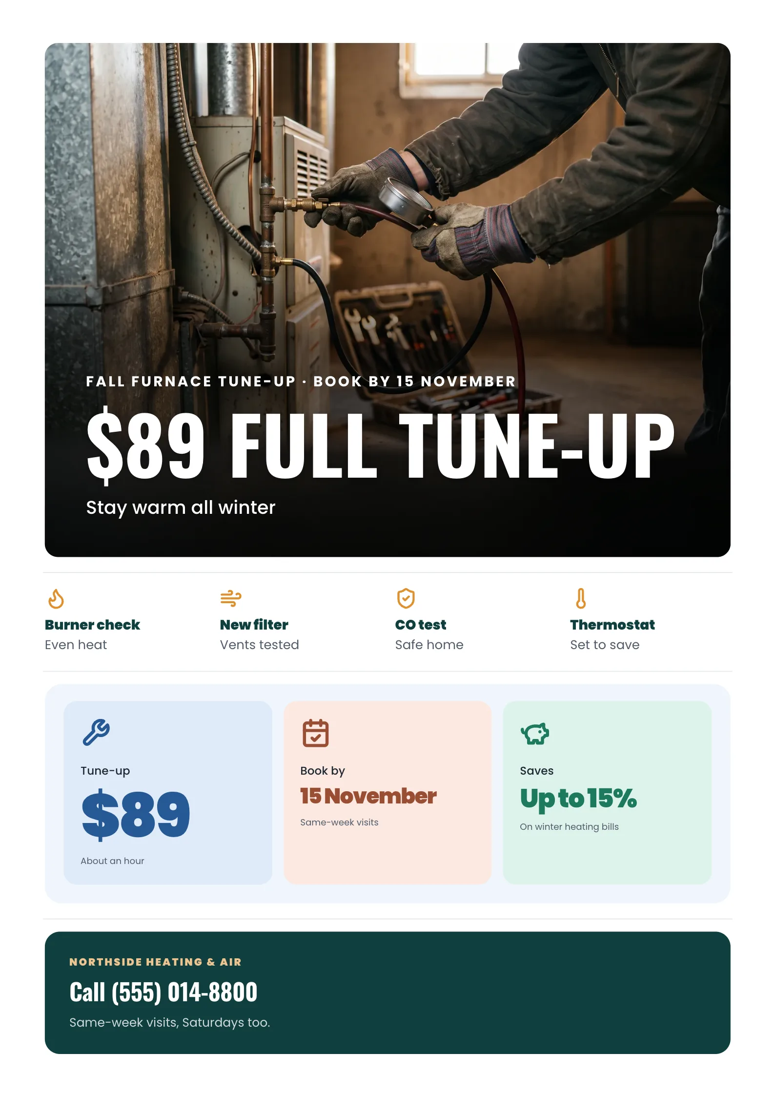 Service Promo Flyer with a technician's gloved hands checking a home furnace with a gauge in a basement utility room