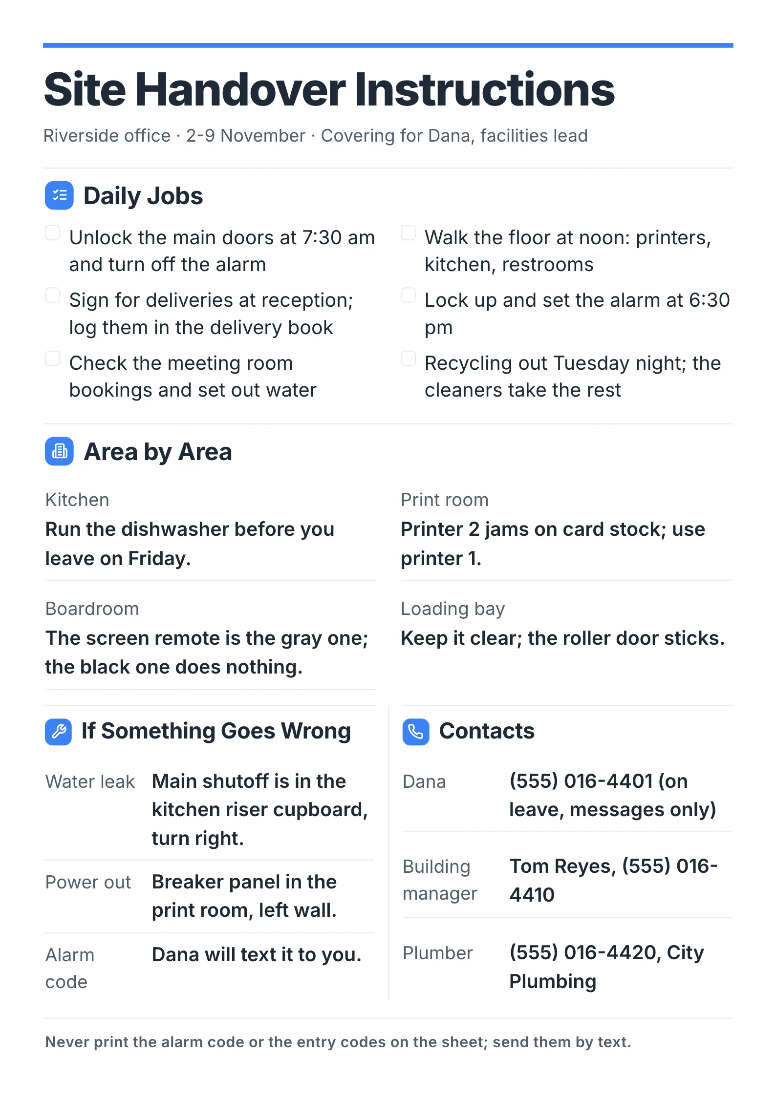Site handover instructions for an office covered for a week, with daily jobs, area notes, what to do if something fails and contacts
