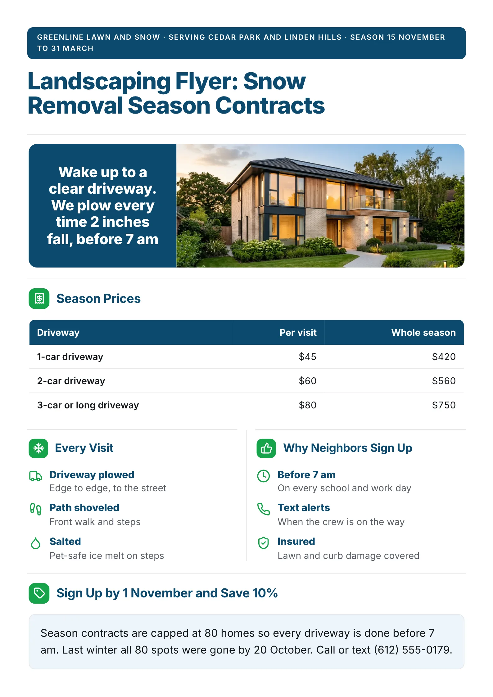 Landscaping flyer for snow removal season contracts with a home photo, a price table and an early sign-up offer