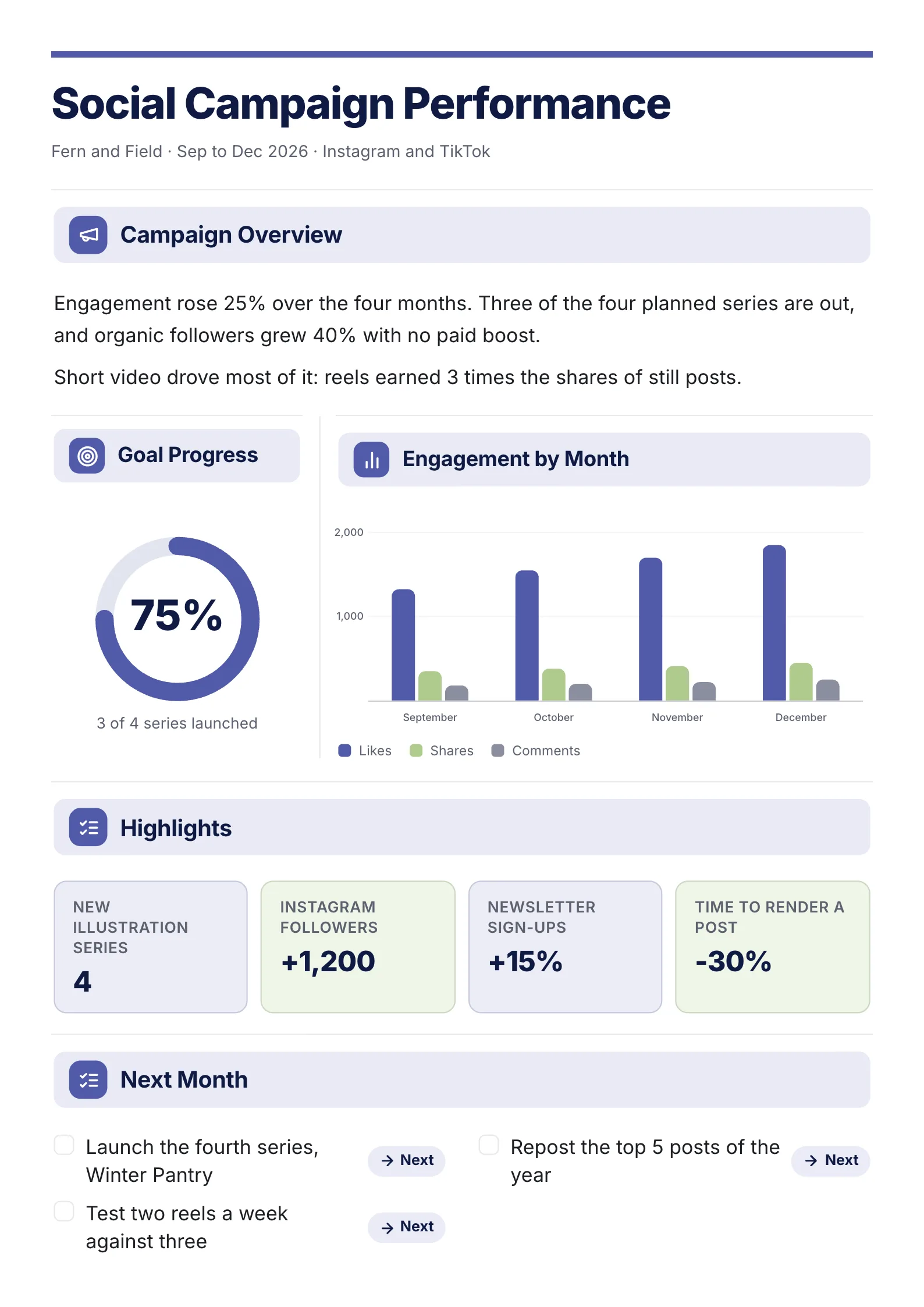 Campaign performance report One-Pager template for an Instagram and TikTok campaign with an overview, a goal progress gauge, engagement by month bars and next month's plan