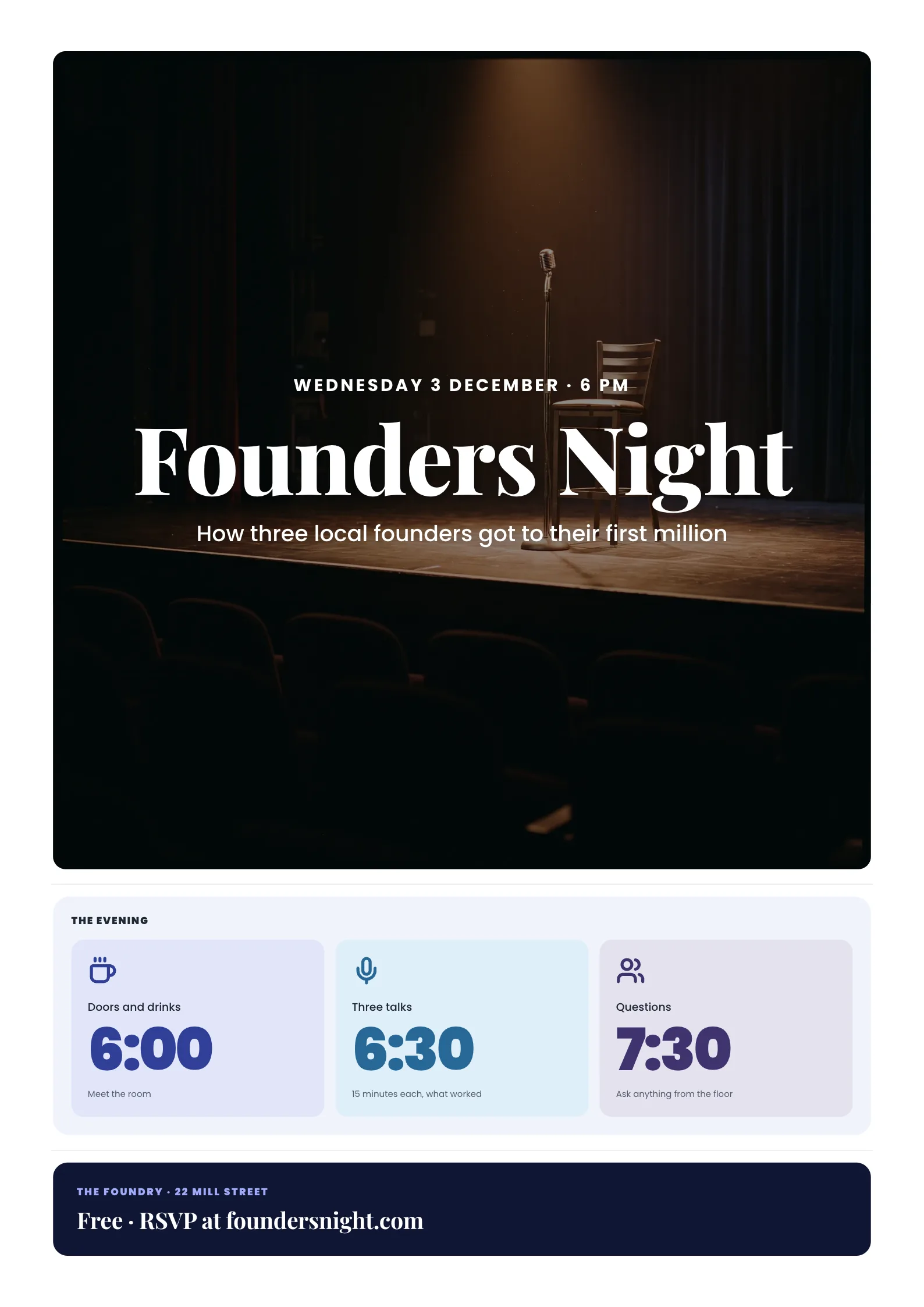 Speaker night poster with a centred serif title over a stool and microphone in a spotlight, a schedule and an RSVP band