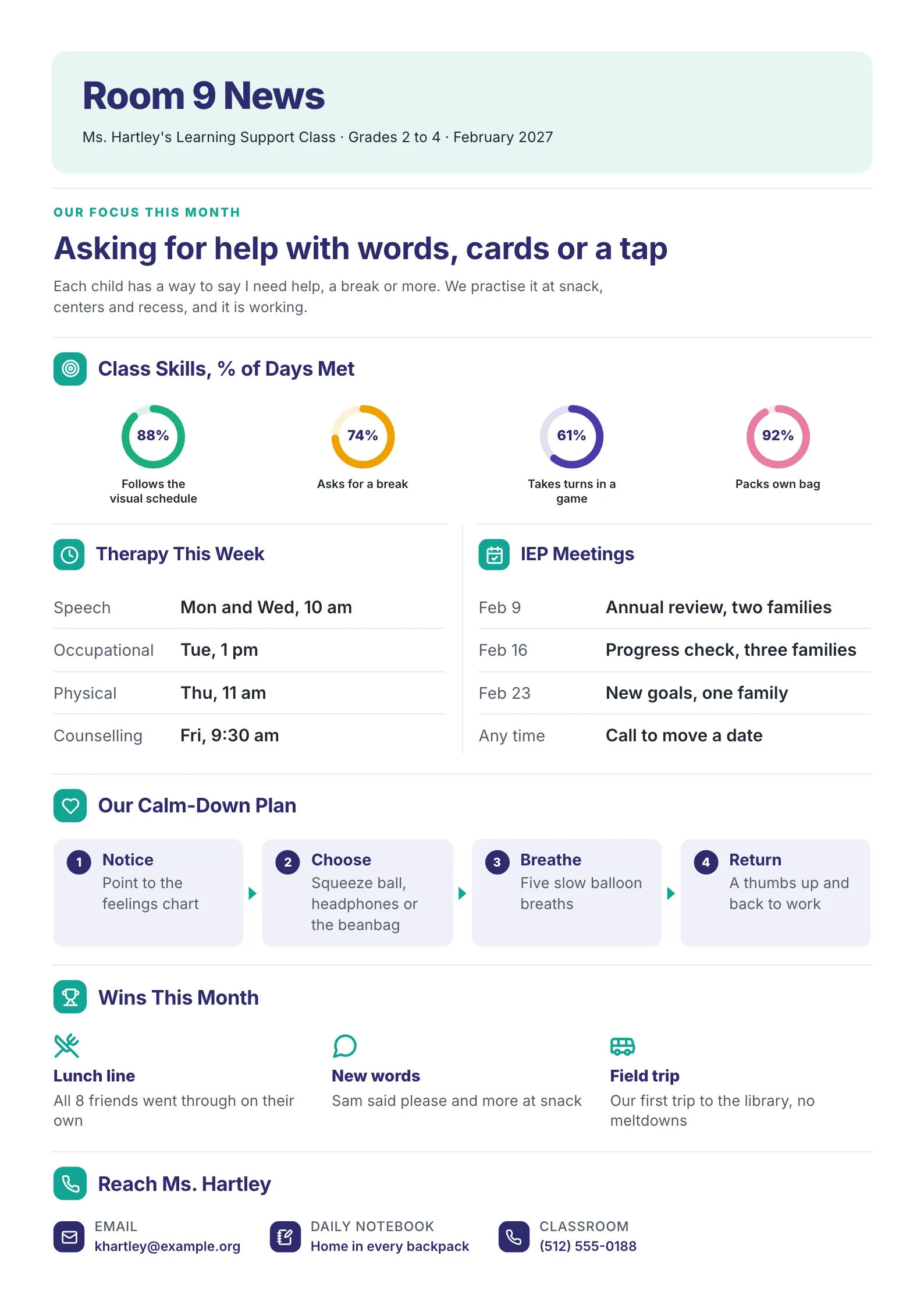 Special education classroom teacher newsletter with skill progress rings, therapy times, the calm-down plan and class wins