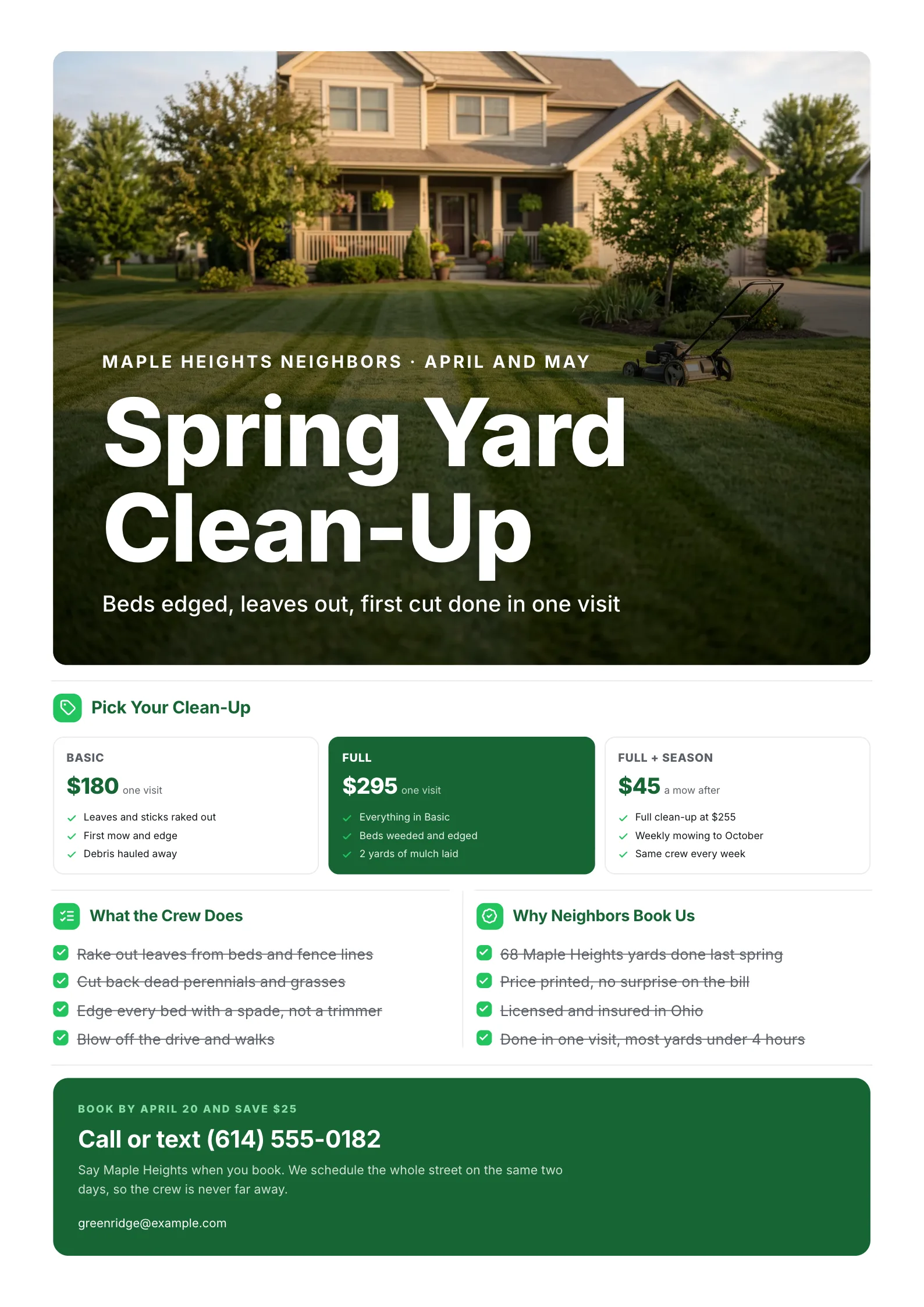 Landscaping flyer for a spring yard clean-up with a striped lawn photo, three price tiers and a call or text band