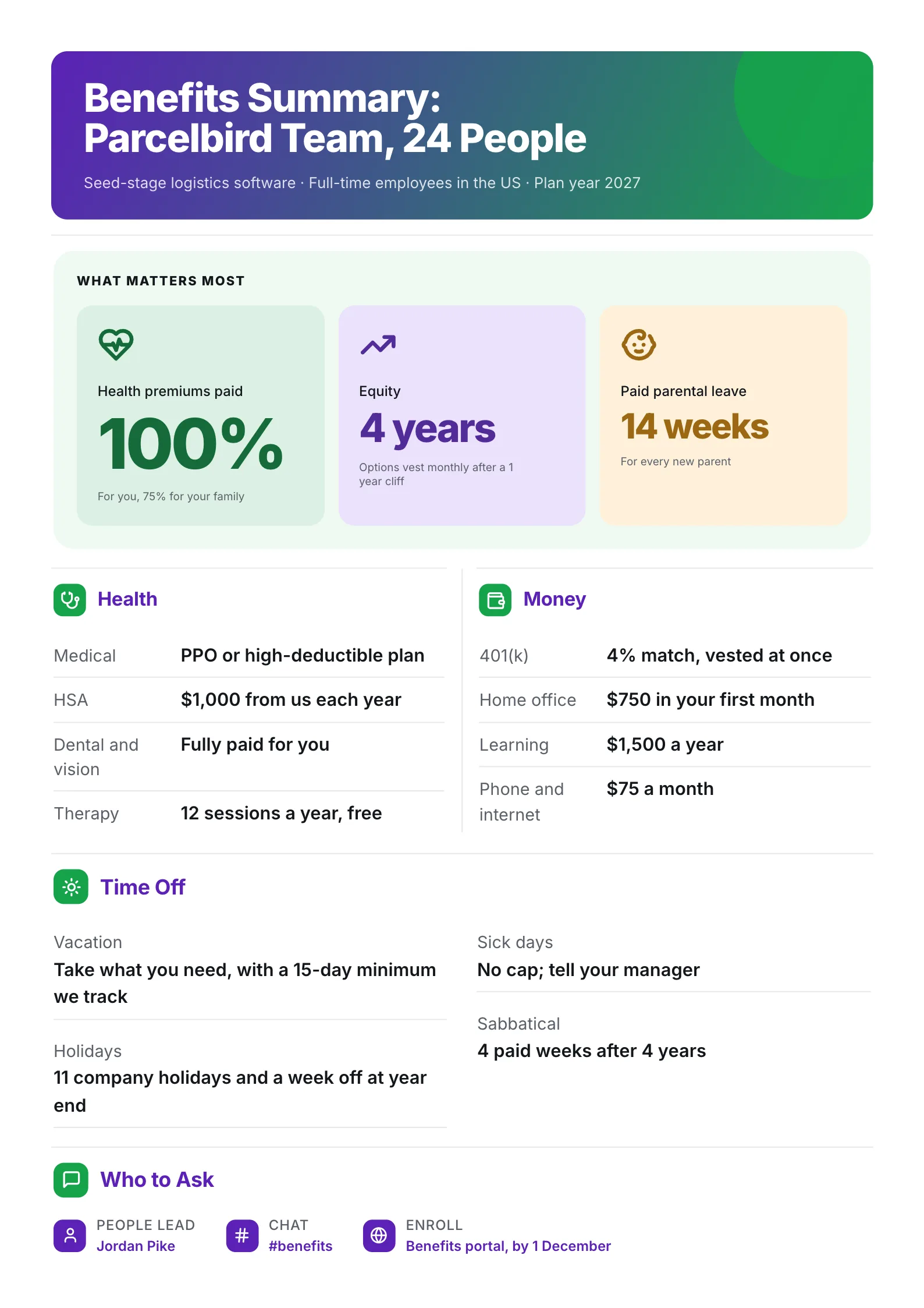 Startup benefits summary One-Pager with equity, health, stipends and time off for a small team