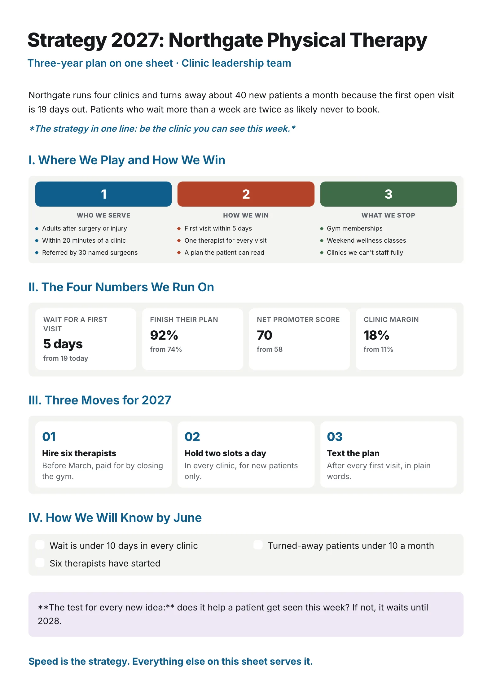 Strategy explainer One-Pager template with where you play and how you win, the four numbers you run on, three moves for the year and how you will know
