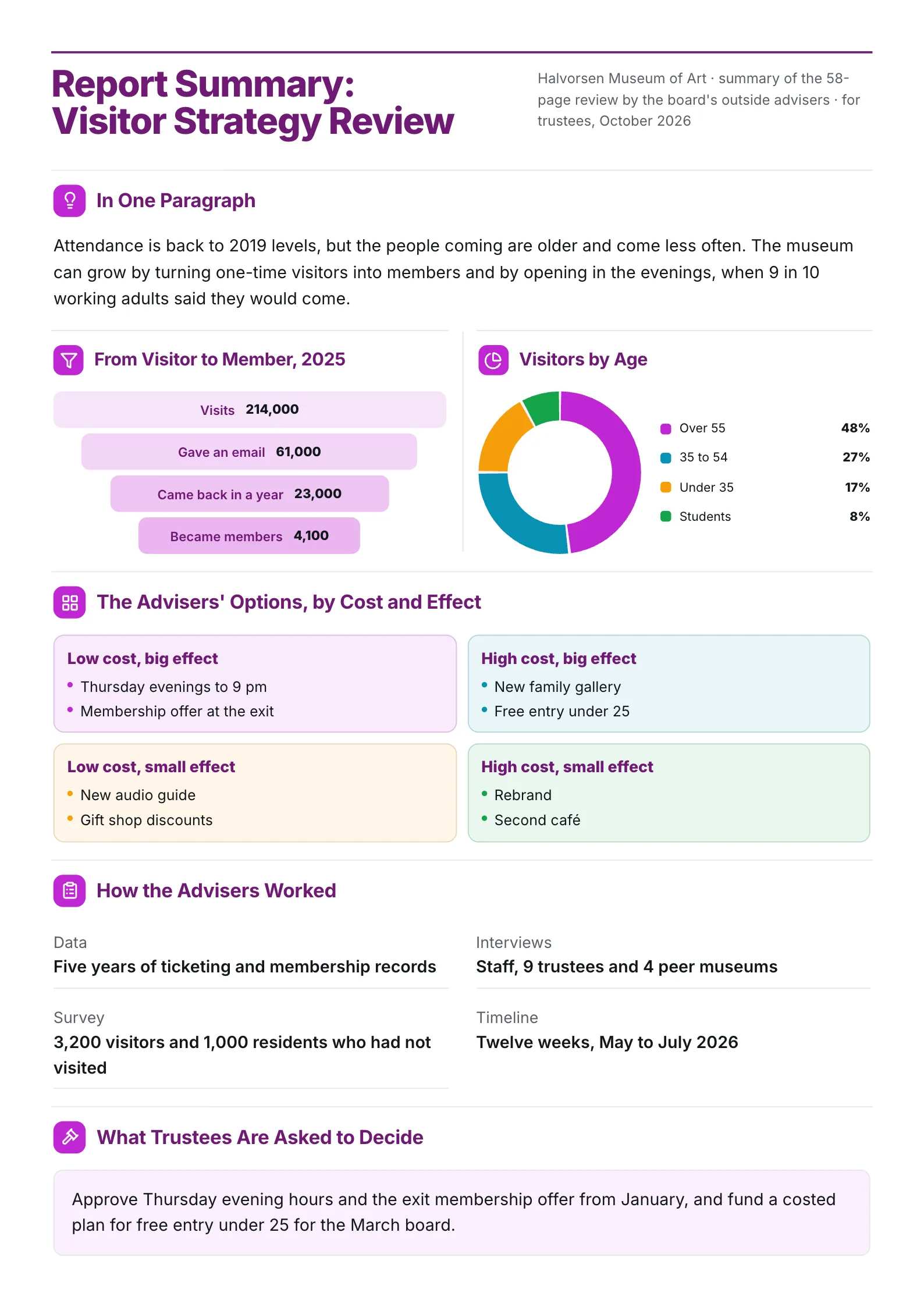 Strategy review report summary One-Pager with a visitor to member funnel, age donut and options matrix