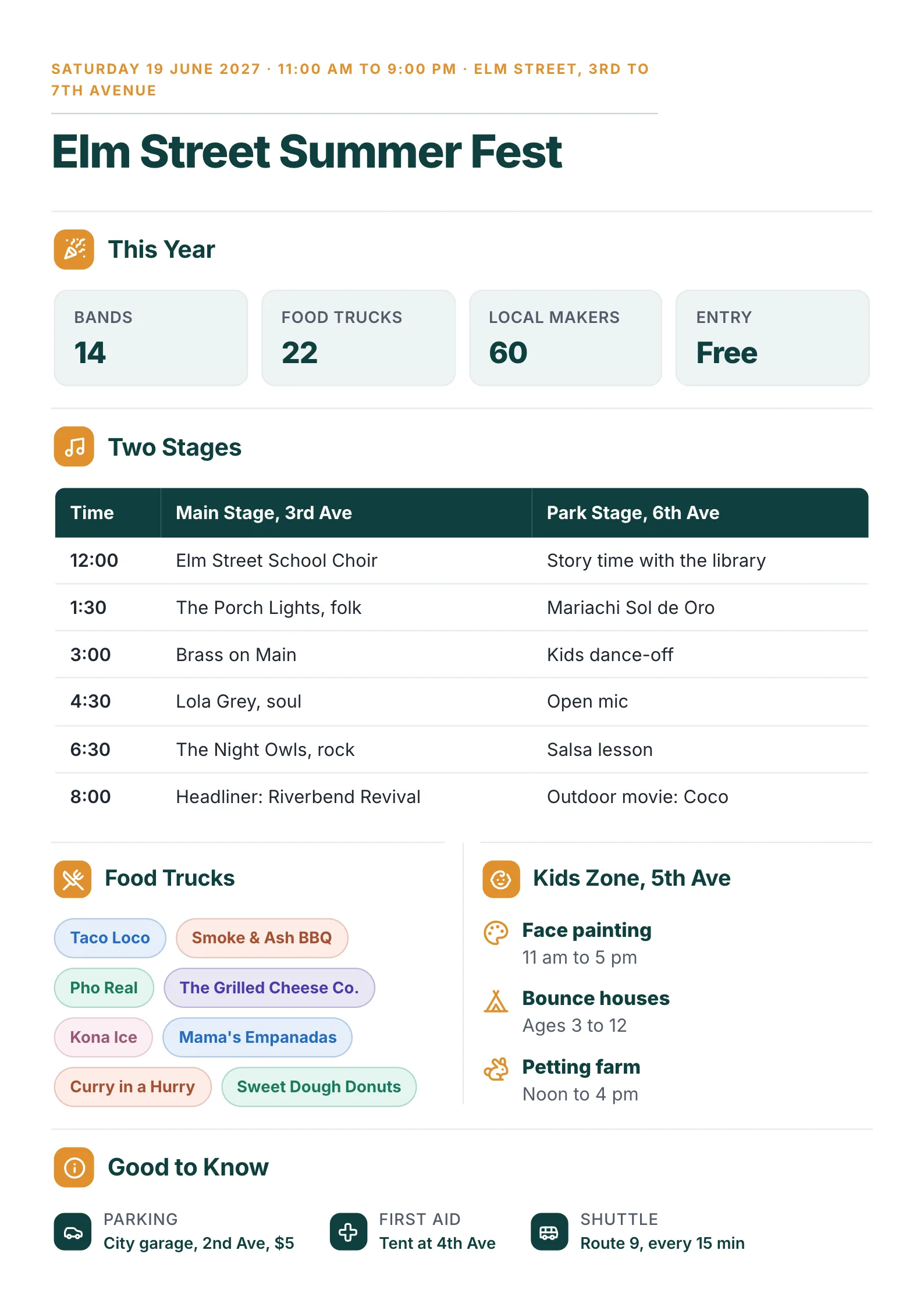 Street festival event program with both stages by the hour, food trucks, kids zone and visitor details