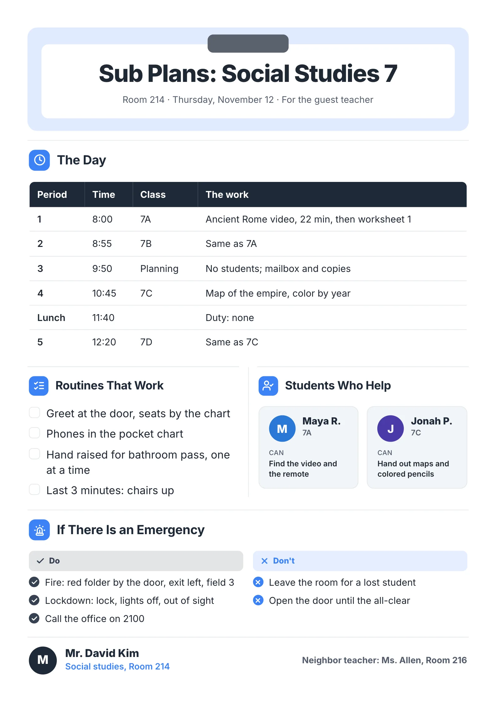 Substitute teacher lesson plan for Grade 7 social studies with the day by period, routines, helpers and emergency steps
