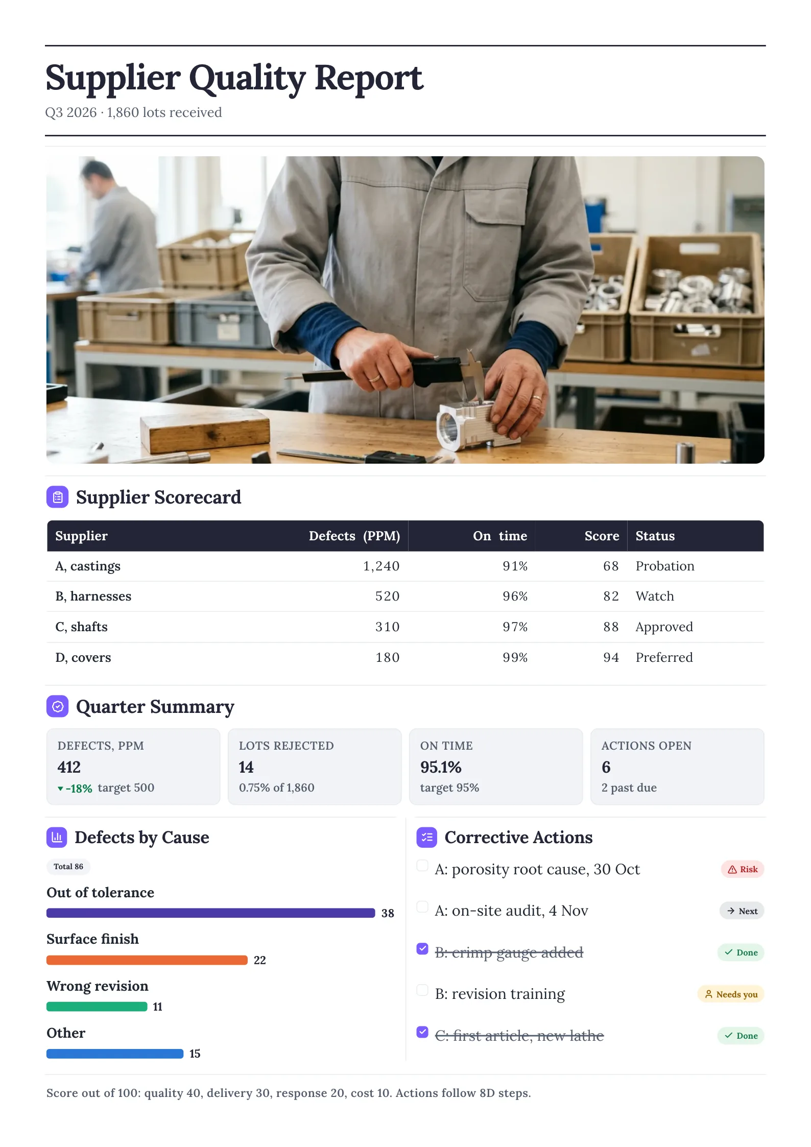 Supplier quality report with an inspector photo, a supplier scorecard table, summary tiles and defect bars