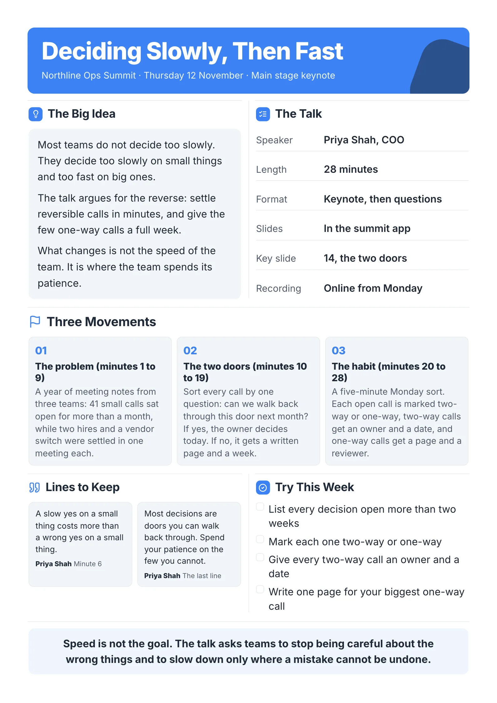 Talk notes for a conference keynote on decision making with the big idea, talk facts, three movements, two quotes and a weekly checklist