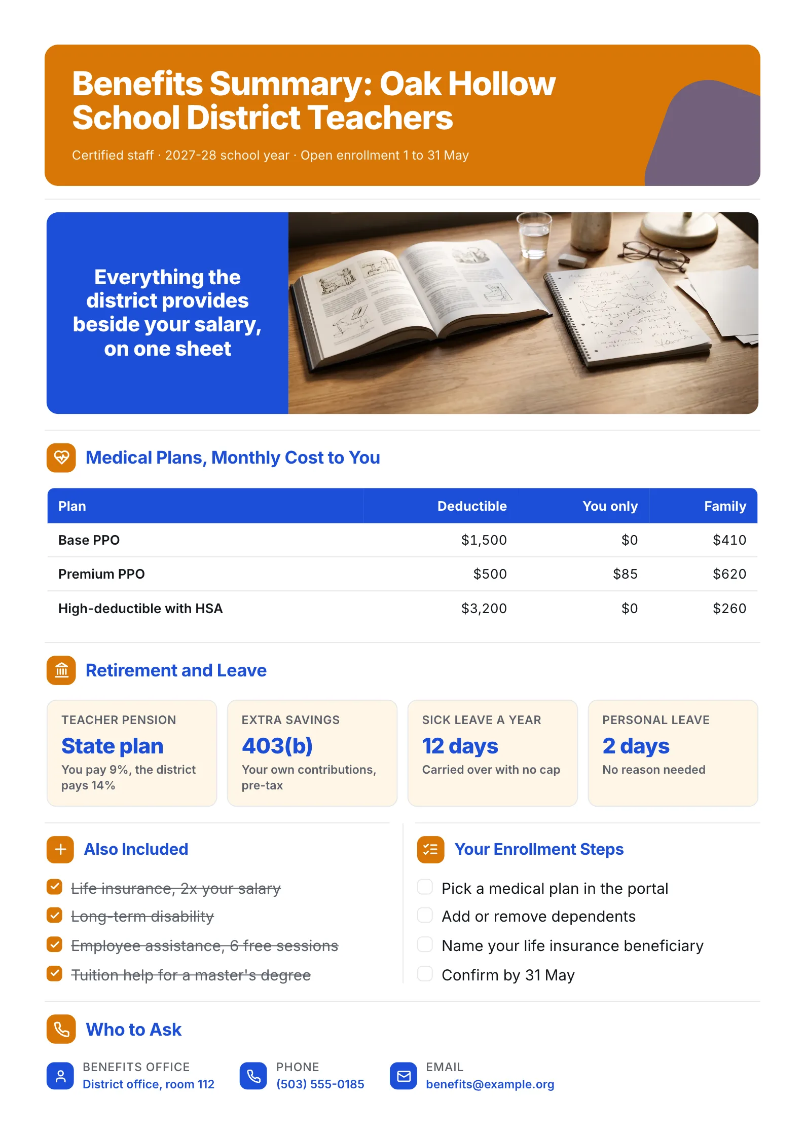 Teacher benefits summary One-Pager with a medical plan table, pension, leave and enrollment steps