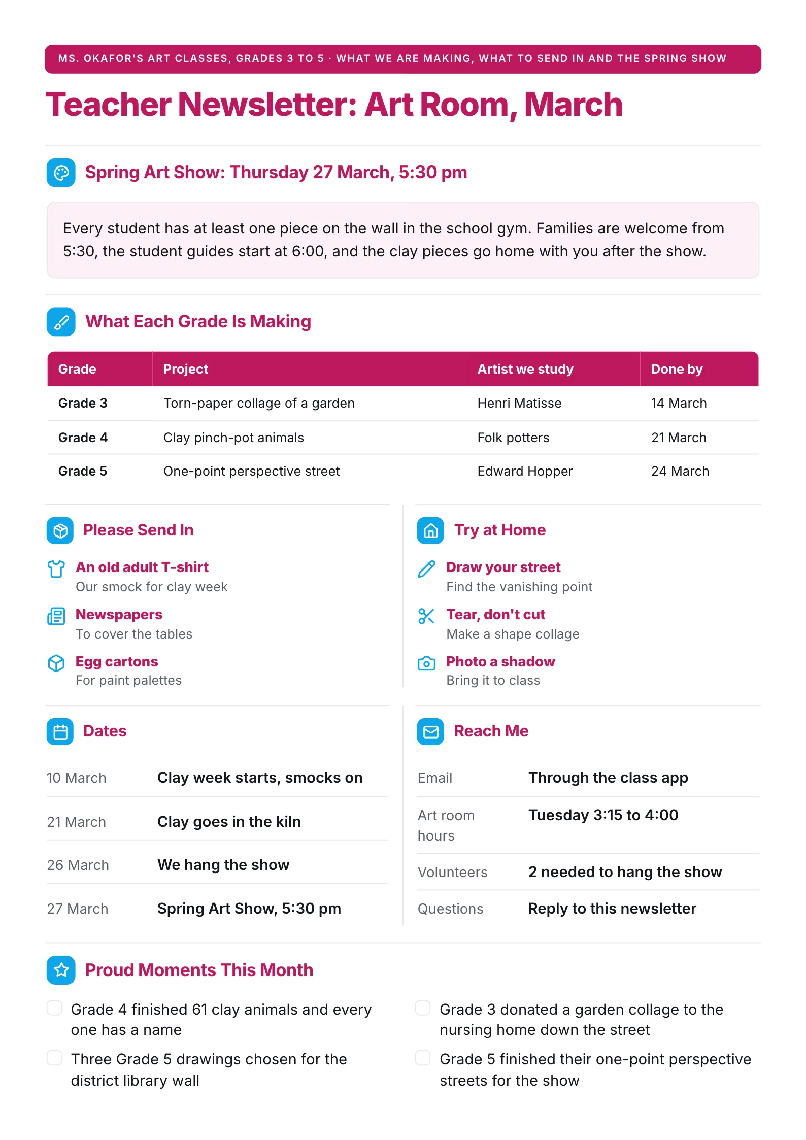 Art room teacher newsletter One-Pager with the spring show, projects by grade, supplies to send in and key dates