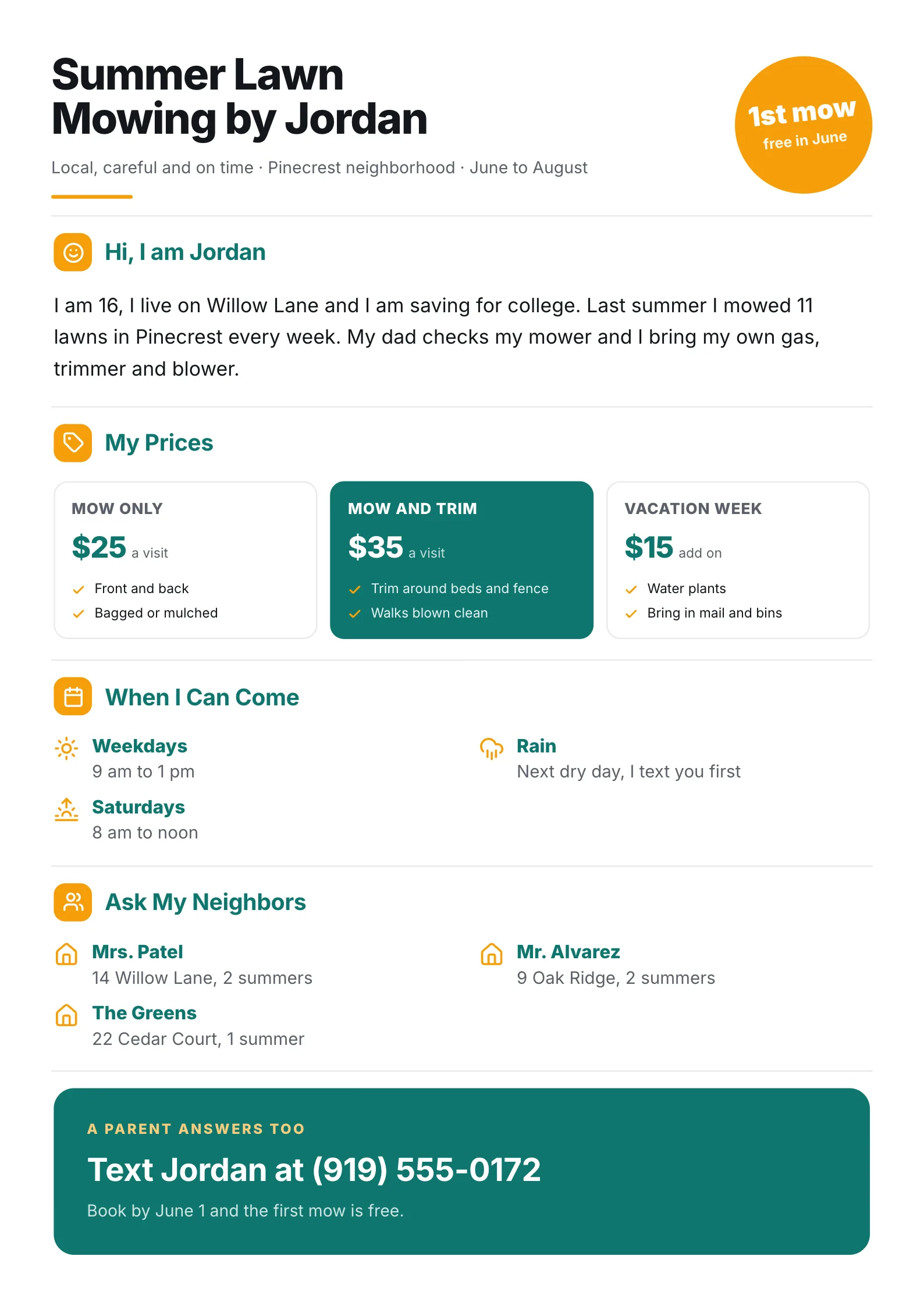 Landscaping flyer for a teen summer mowing business with a personal intro, three prices and neighbor references