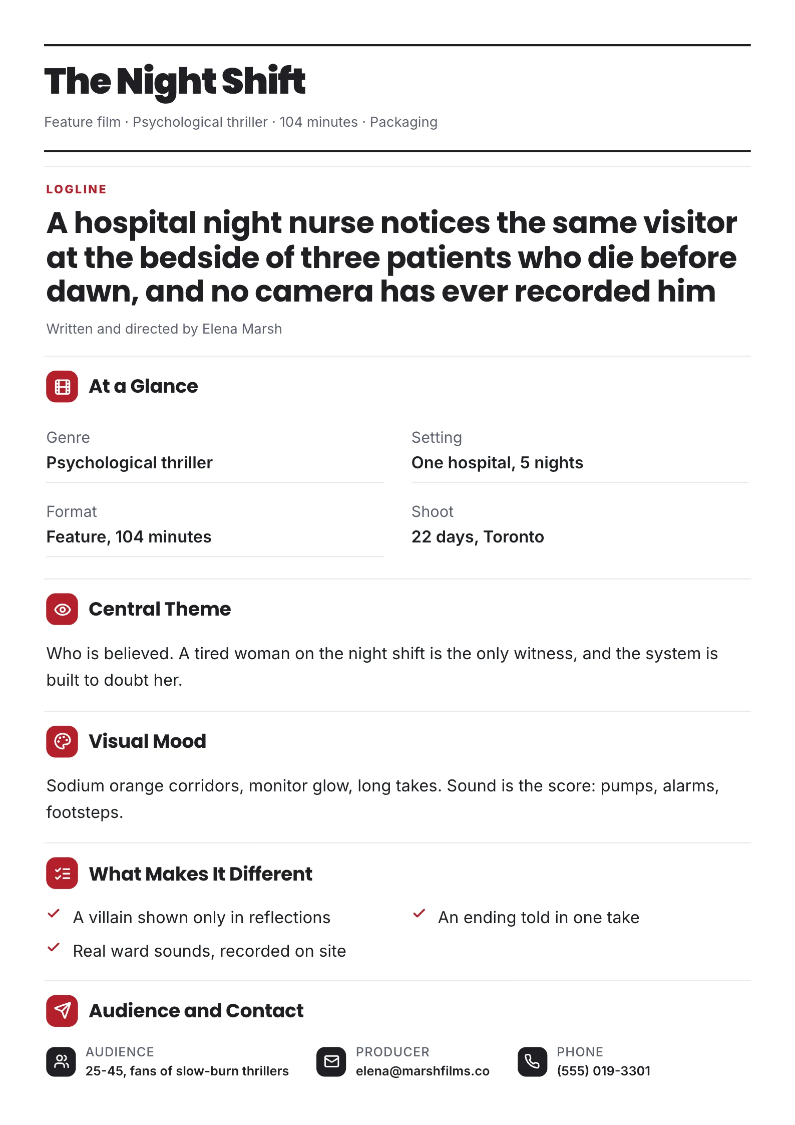 Thriller logline One-Pager template for a psychological thriller with the logline, format at a glance, central theme, visual mood, what makes it different and producer contact