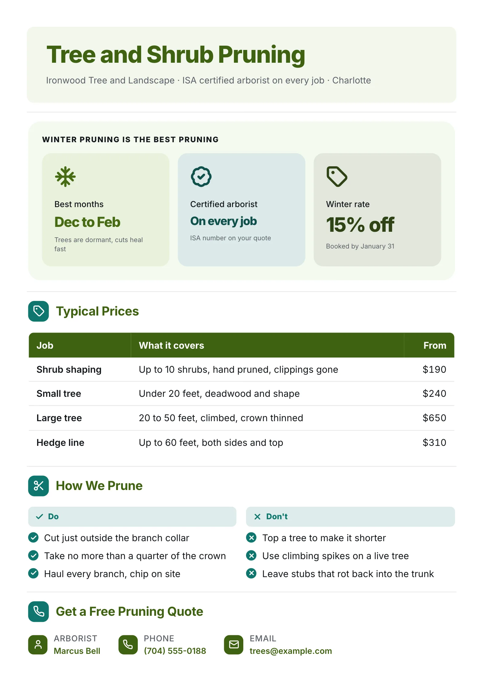 Landscaping flyer for tree and shrub pruning with winter facts, a price table by job and pruning dos and don'ts