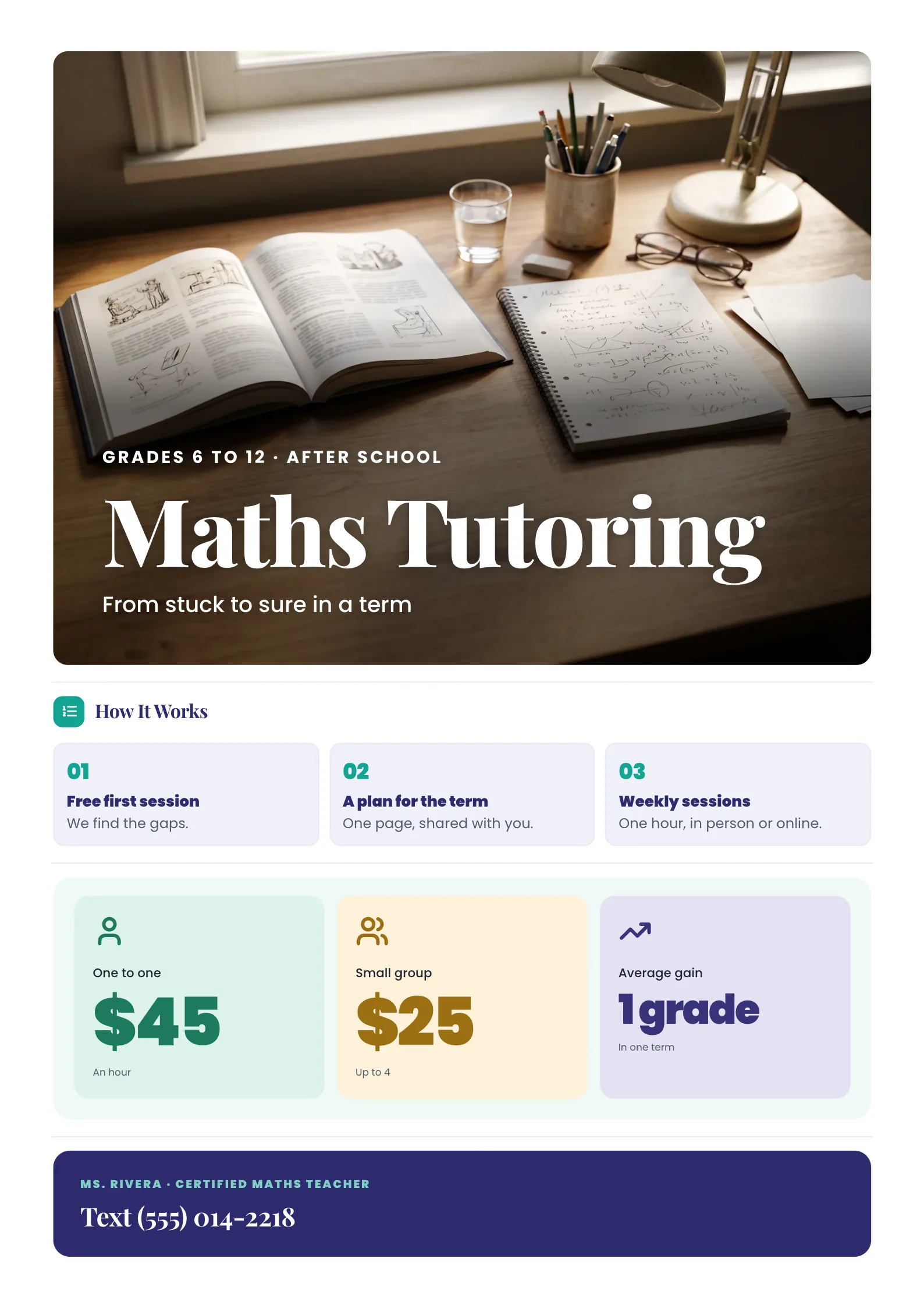 Tutoring Flyer with a study desk with open textbooks, a notebook, a desk lamp and a cup of pencils