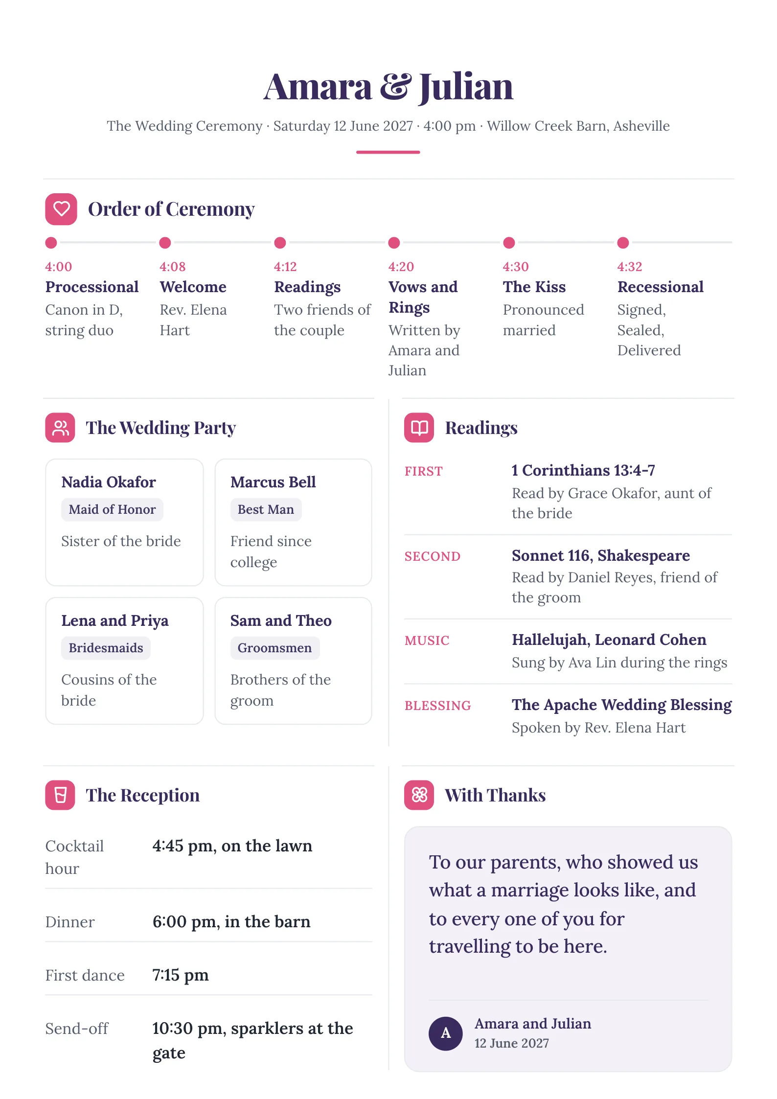 Wedding ceremony event program with the order of ceremony, wedding party, readings and reception details