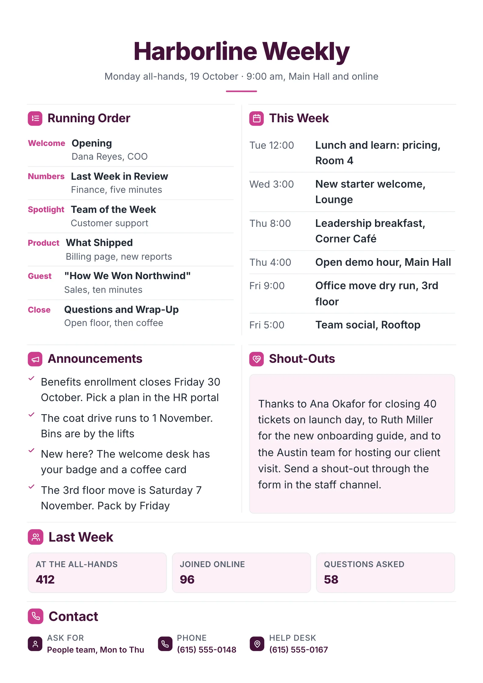 Weekly program sheet for a company all-hands with the running order, this week's sessions, announcements, shout-outs and attendance